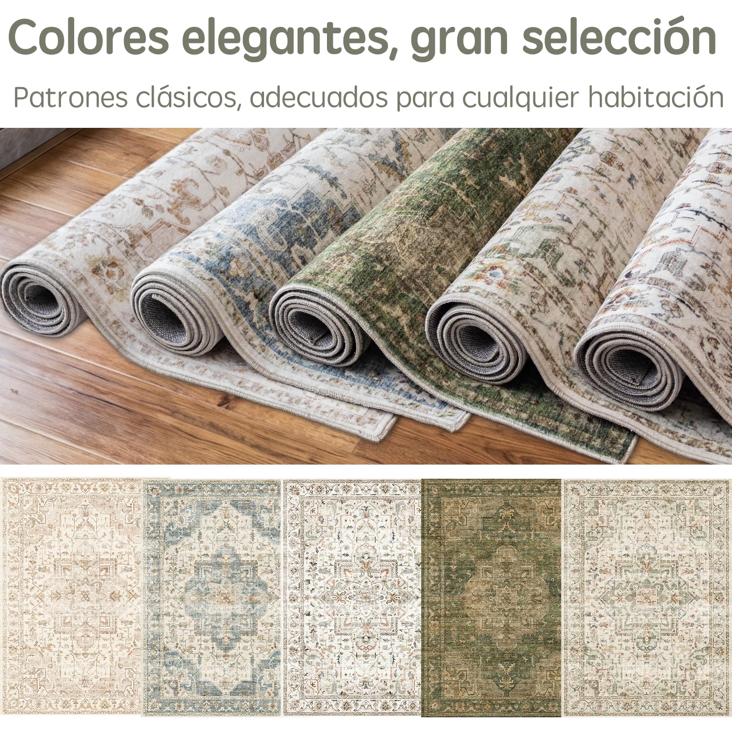 Alfombra Salon Vintage Verde Claro ⌀120 cm, Lavable a Máquina | Alfombras de Área con Base Antideslizante, Ideal para Cocina, Comedor y Estudio