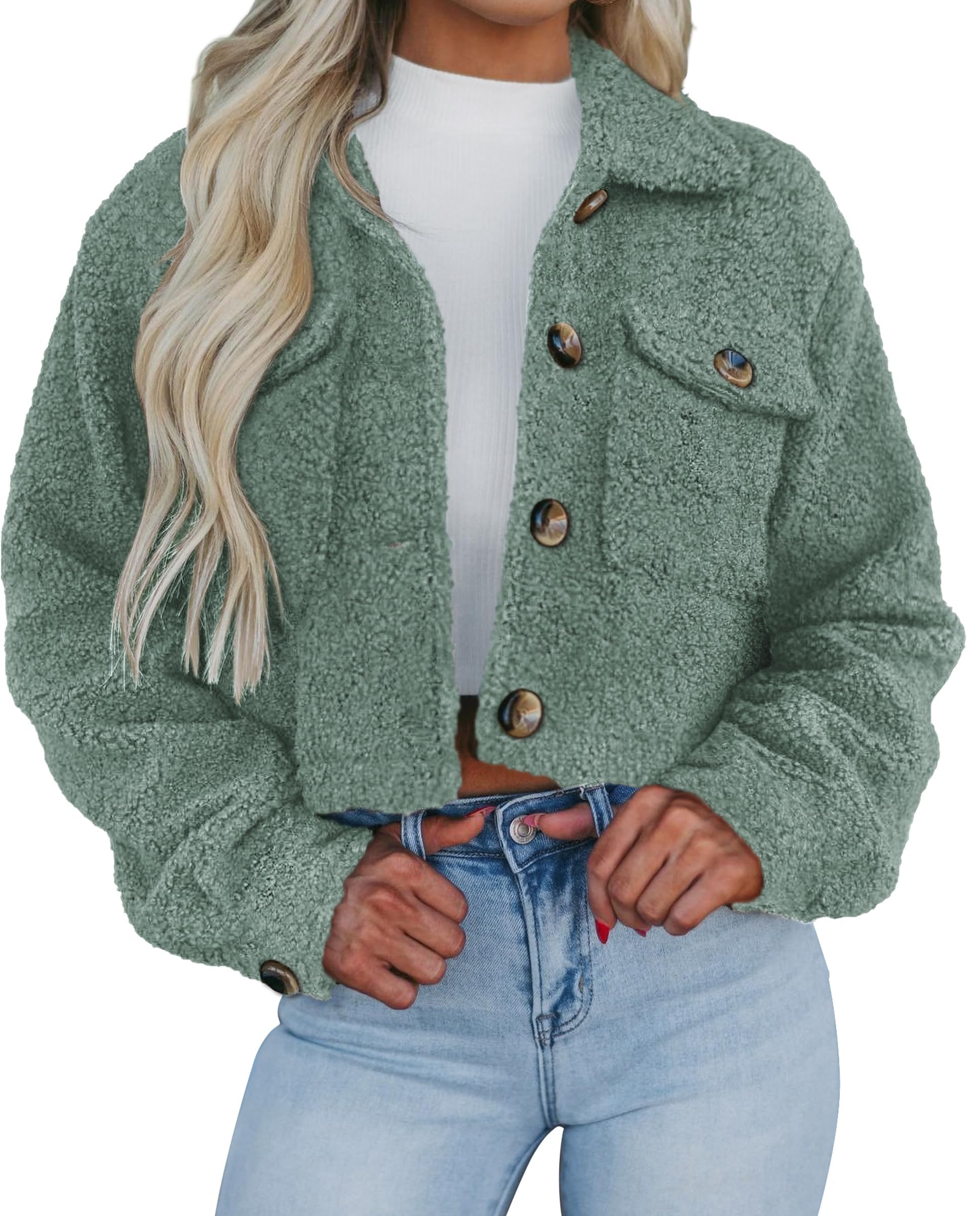 PRETTYGARDENWomens Fall Clothes Sherpa Shacket Jacket Fuzzy Lapel Button Down Cropped Coat Winter Outerwear