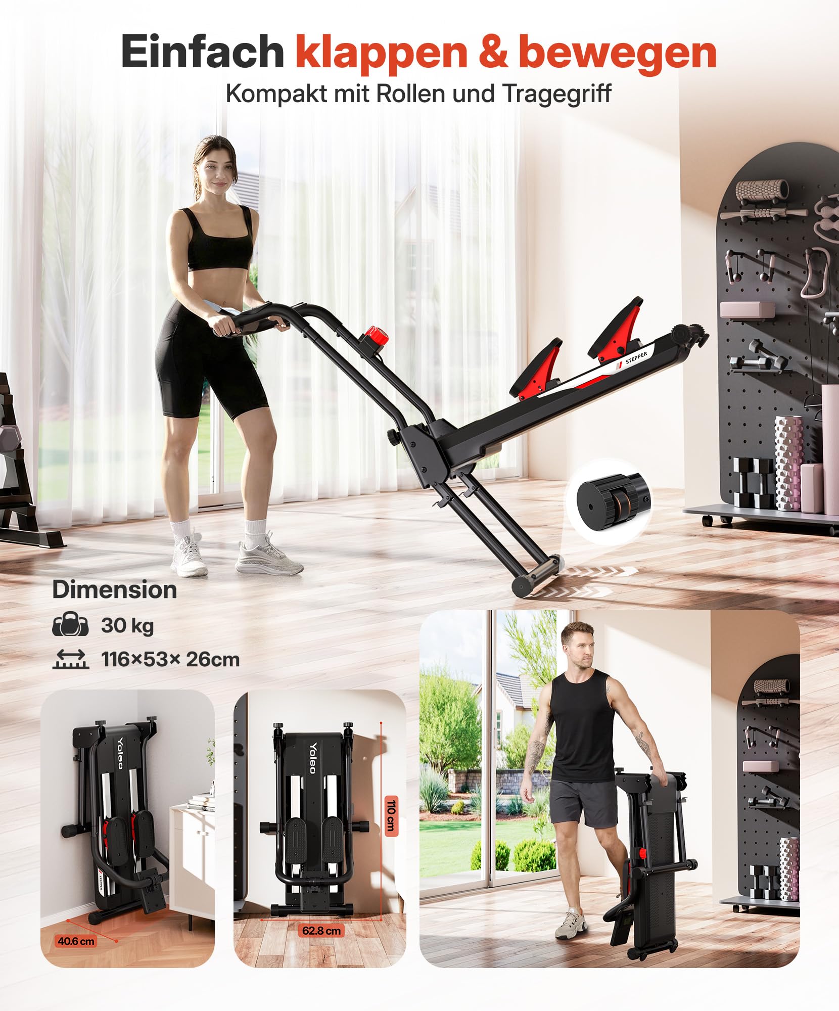 YOLEO Magnetischer Stair Stepper für Zuhause, 16-stufiger Widerstand, klappbarer Treppensteiger mit 71 cm Schrittlänge, leiser Heimtrainer mit Handlauf, Pulssensor & LCD