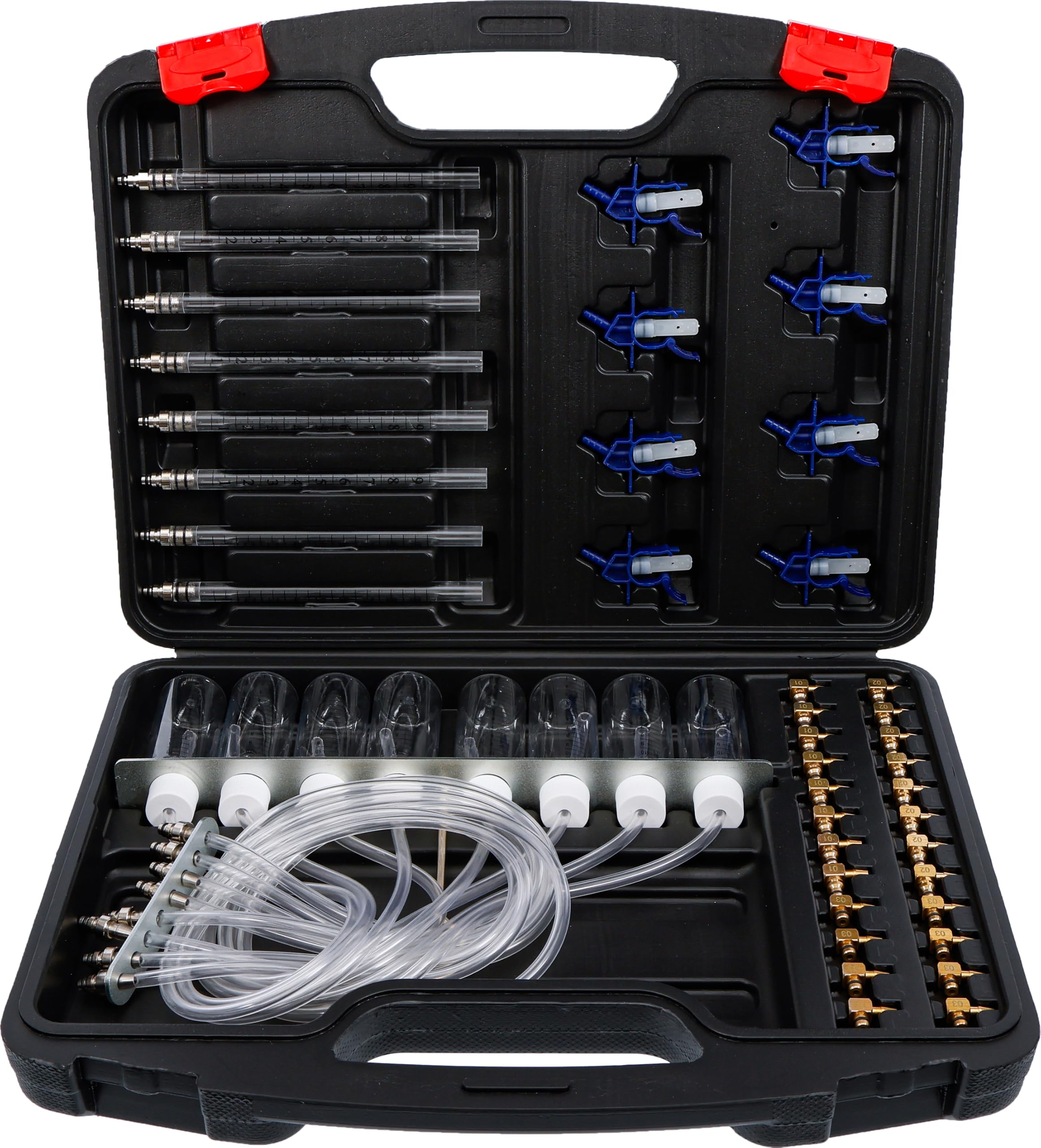 BGS Diy 98106 | Common-Rail-Tester | 32 Adapter | bis zu 8 Einspritzdüsen | Rücklaufvolumen über Glaskolben oder Messbehälter | Adapter für Denso C3, C1, Siemens C3, Delphi, Bosch