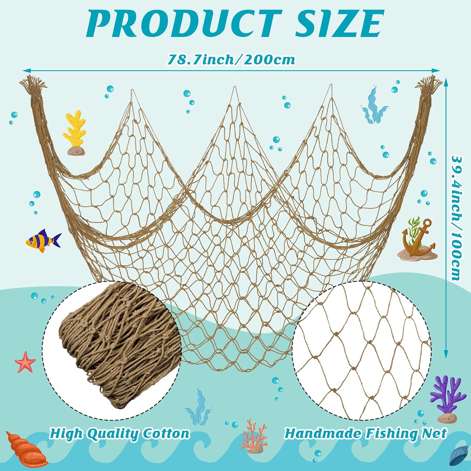 12 Pack Decorative Fish Netting for Party 80 x 40 Inch Natural Cotton Fish Net Decorations for Pirate Ocean Under The Sea Hawaiian Mermaid Party Picture Wall Hanging Decoration(Classic Color)
