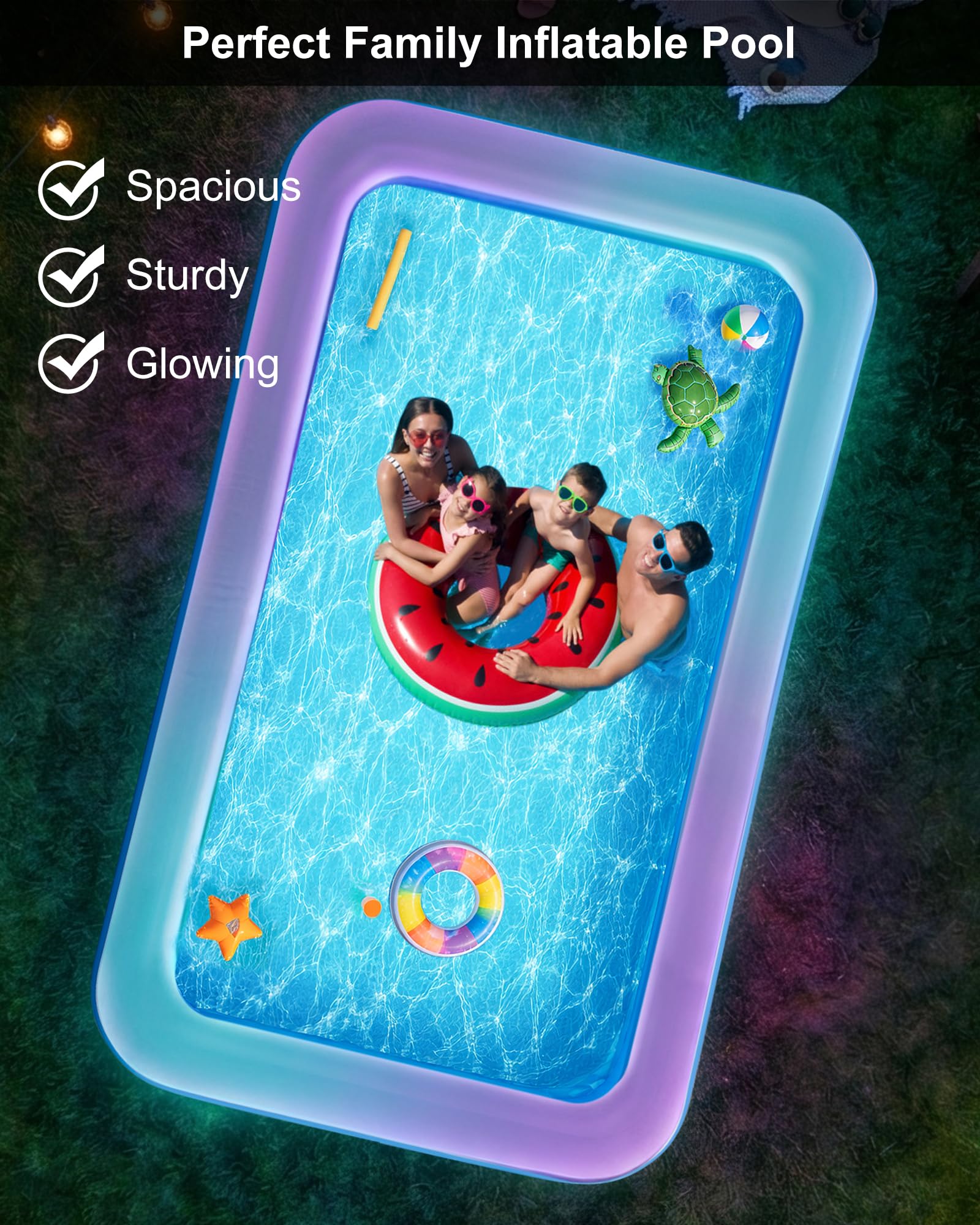 Piscina gonfiabile per adulti e bambini, 330,2 x 182,9 x 55,9 cm, piscina gonfiabile con luci, grande piscina gonfiabile per famiglia, piscina gonfiabile ispessita per cortile esterno