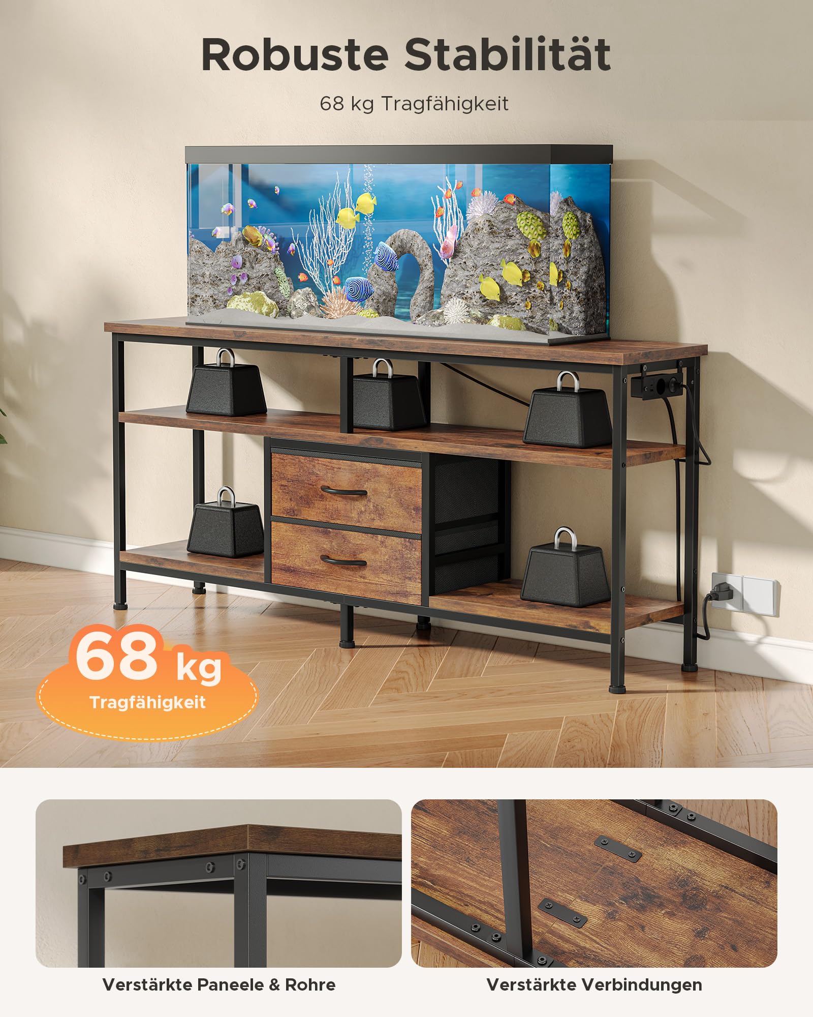 CO-Z TV-Schrank, Lowboard für Fernseher 109–165 cm, 140×40×60 cm mit LED-Beleuchtung, Abnehmbarer Ladestation, offenen Regalen & Stoffschubladen