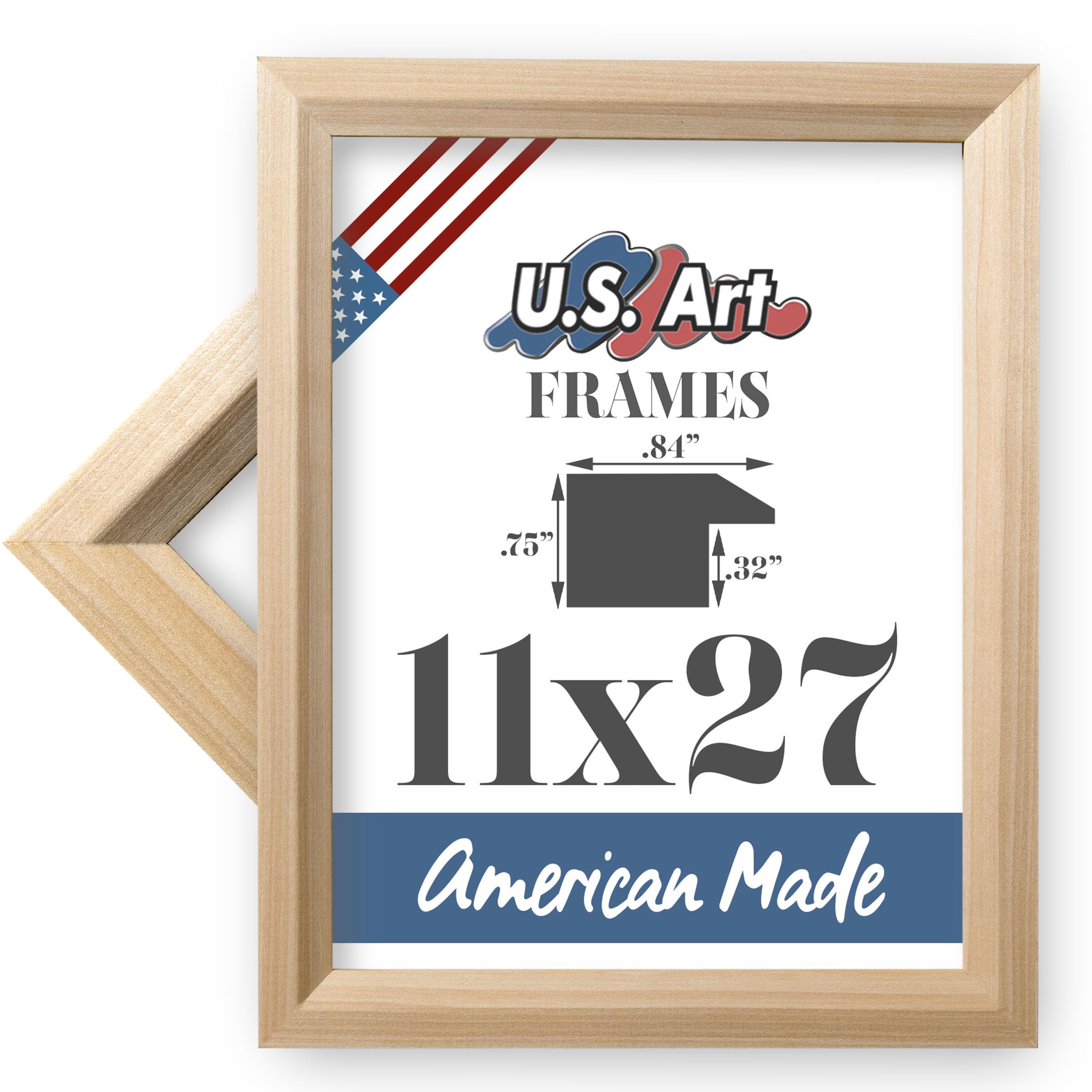 US Art 11x27 Inches Photo Poster Frame in 0.84 Inch Wide Unfinished Natural Solid Wood Plexiglass Cover - Horizontal and Vertical Formats for Wall Decor with Built-in Hanging Hardware