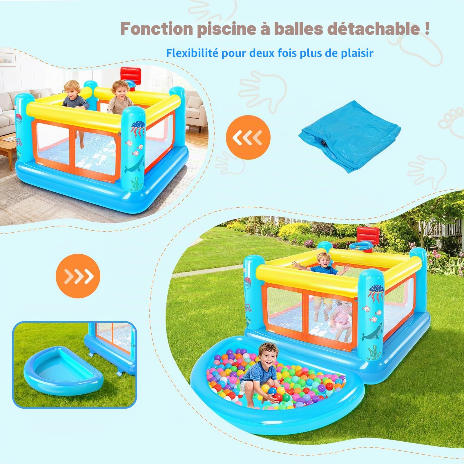 Château Gonflable Enfant 3-6 Ans Intérieur Extérieur, Structure Gonflable 4-en-1 avec Panier Basket Marelle Piscine Balles Amovible, Souffleur Inclus, PVC Résistant 270×170×127cm
