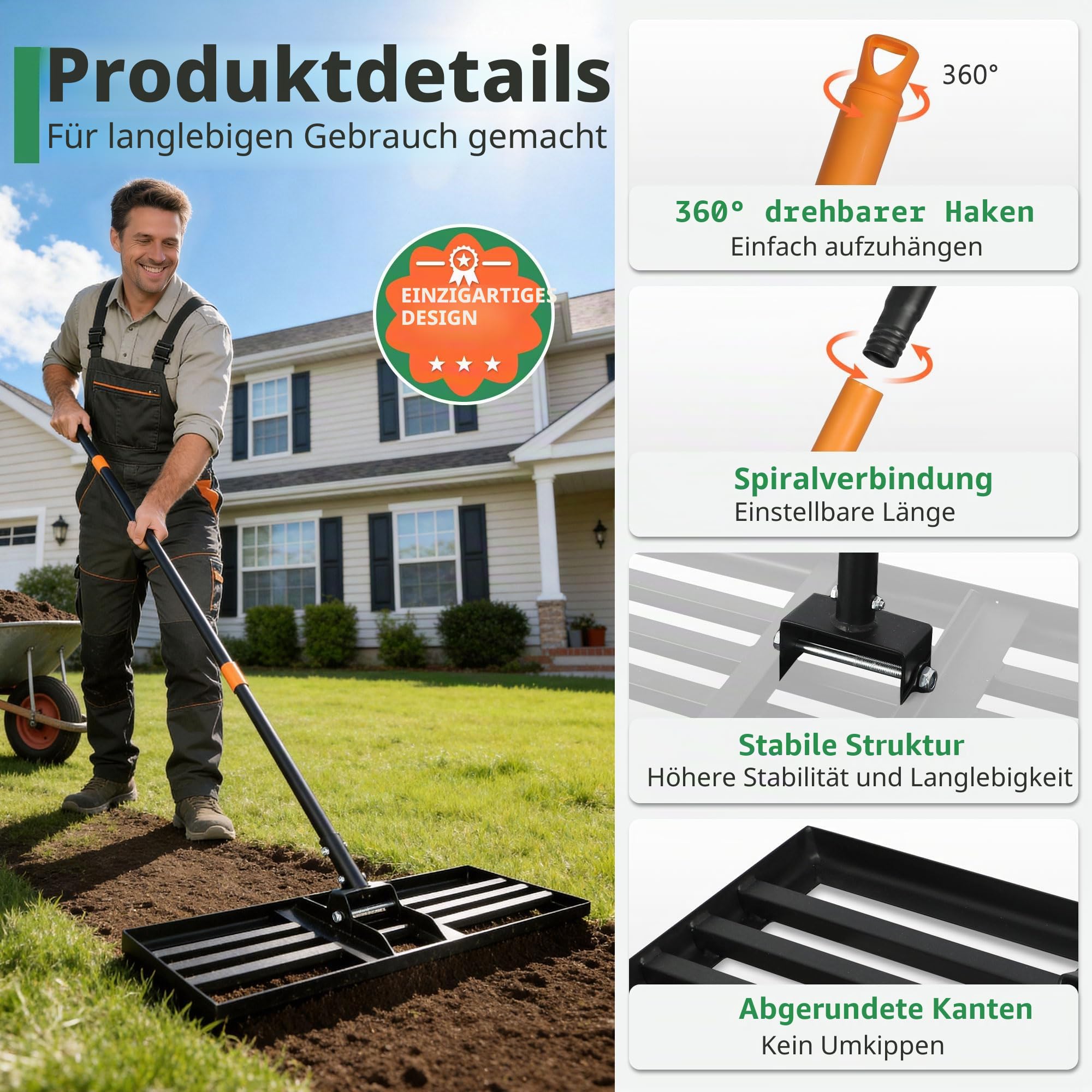ORIENTOOLS Edelstahl Nivellierrechen 75x25 cm 206 cm verstellbarer Stiel