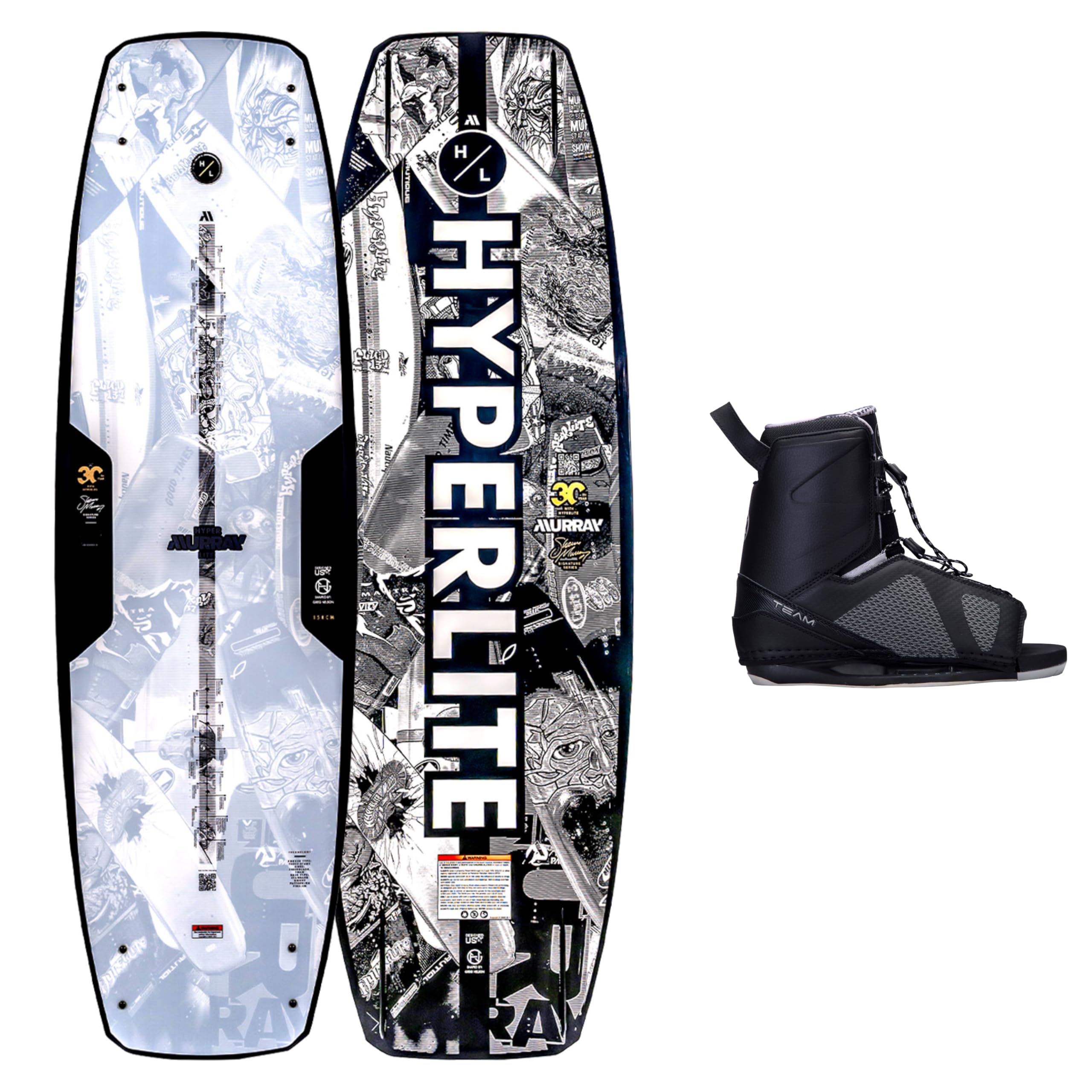 Hyperlite Murray Wakeboard with Open-Toe Adjustable Team Bindings Wakeboard Package - Perfect for Intermediate to Advanced Riders - 150cm w/Team OT Bindings, Sizes 10-14