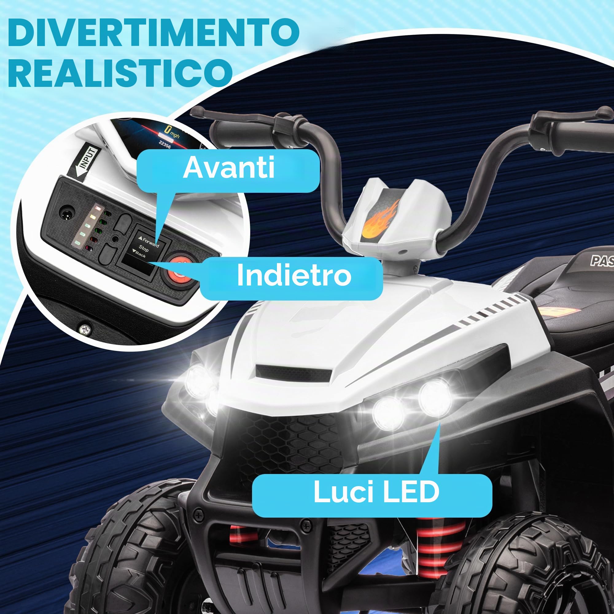 AIYAPLAY Quad elettrico per bambini, 12 V, con sospensioni a 4 ruote, lettore musicale MP3, veicolo per bambini con fari, marcia avanti e indietro, per bambini da 3 a 5 anni, 5 km/h, metallo, bianco