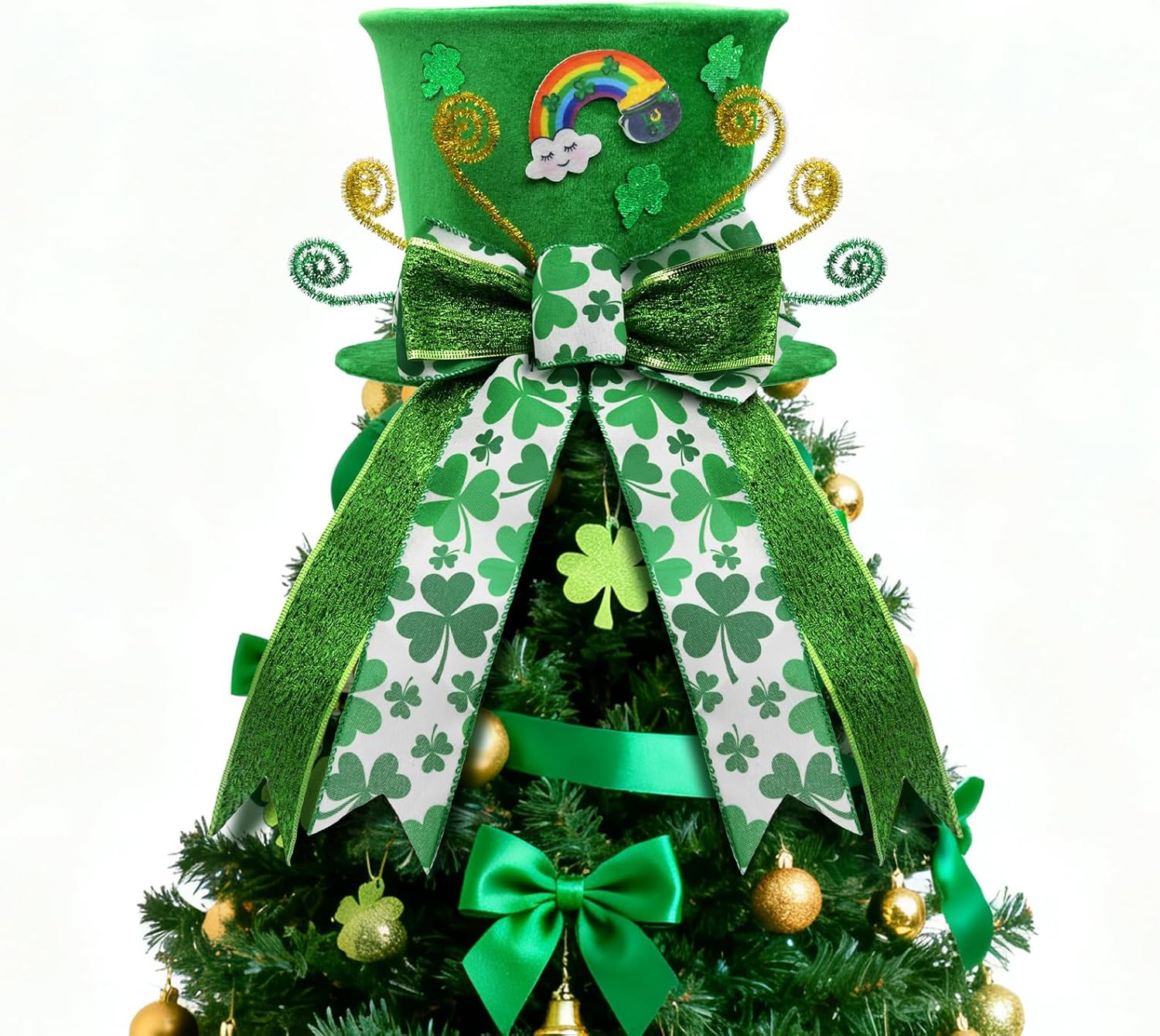 St. Patrick's Day Tree Topper Hat, Green Velvet Top Hat Tree Topper with Shamrock Ribbon Bow, St. Patrick's Tree Tooper Ornaments Decorations for Home Indoor, St. Patrick's Day Gifts