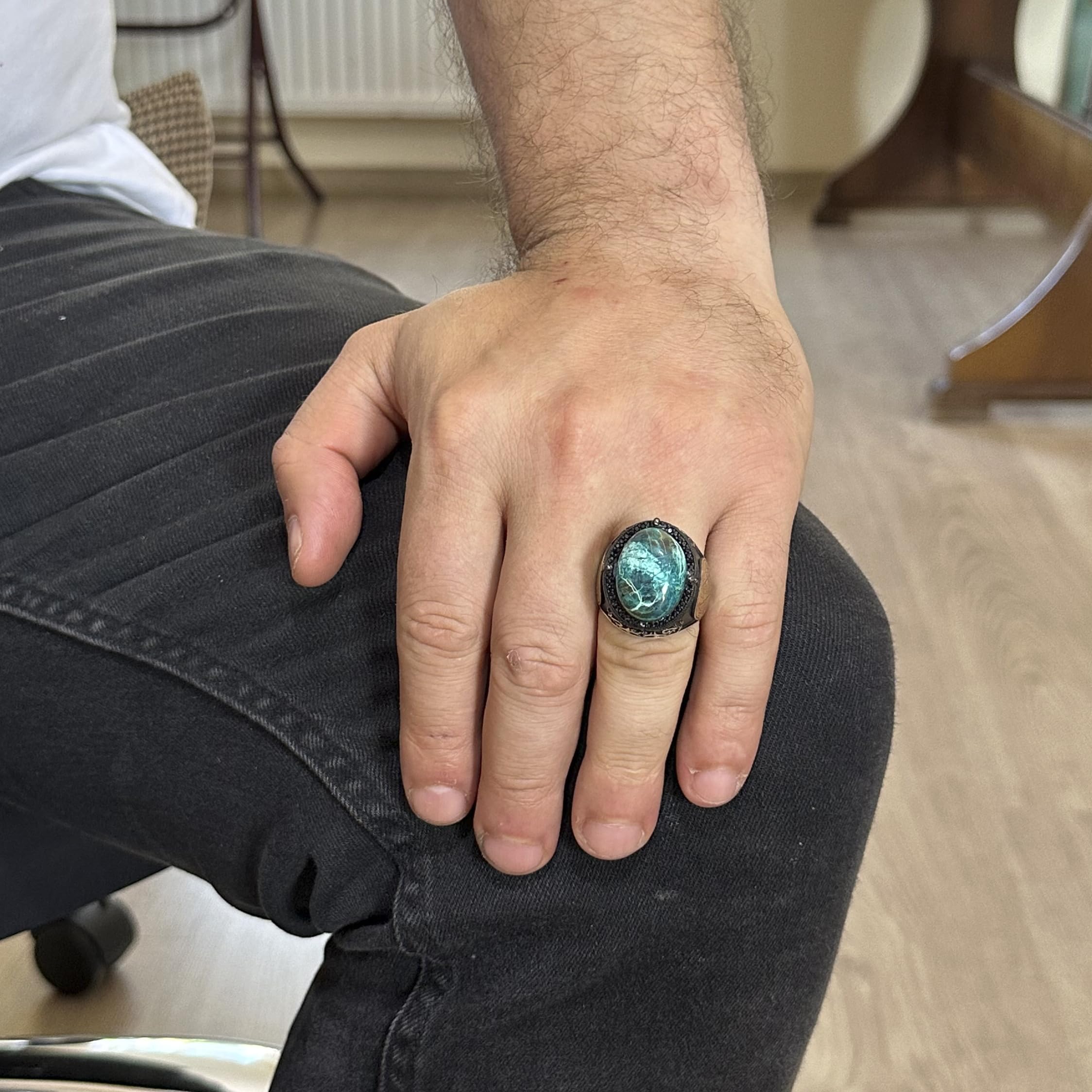 KAMBO Anillo de plata con sello de Salomón, anillo de piedra preciosa de crisocola natural real, de plata de ley maciza de 925 quilates, para hombre, piedra preciosa de, crisocolla