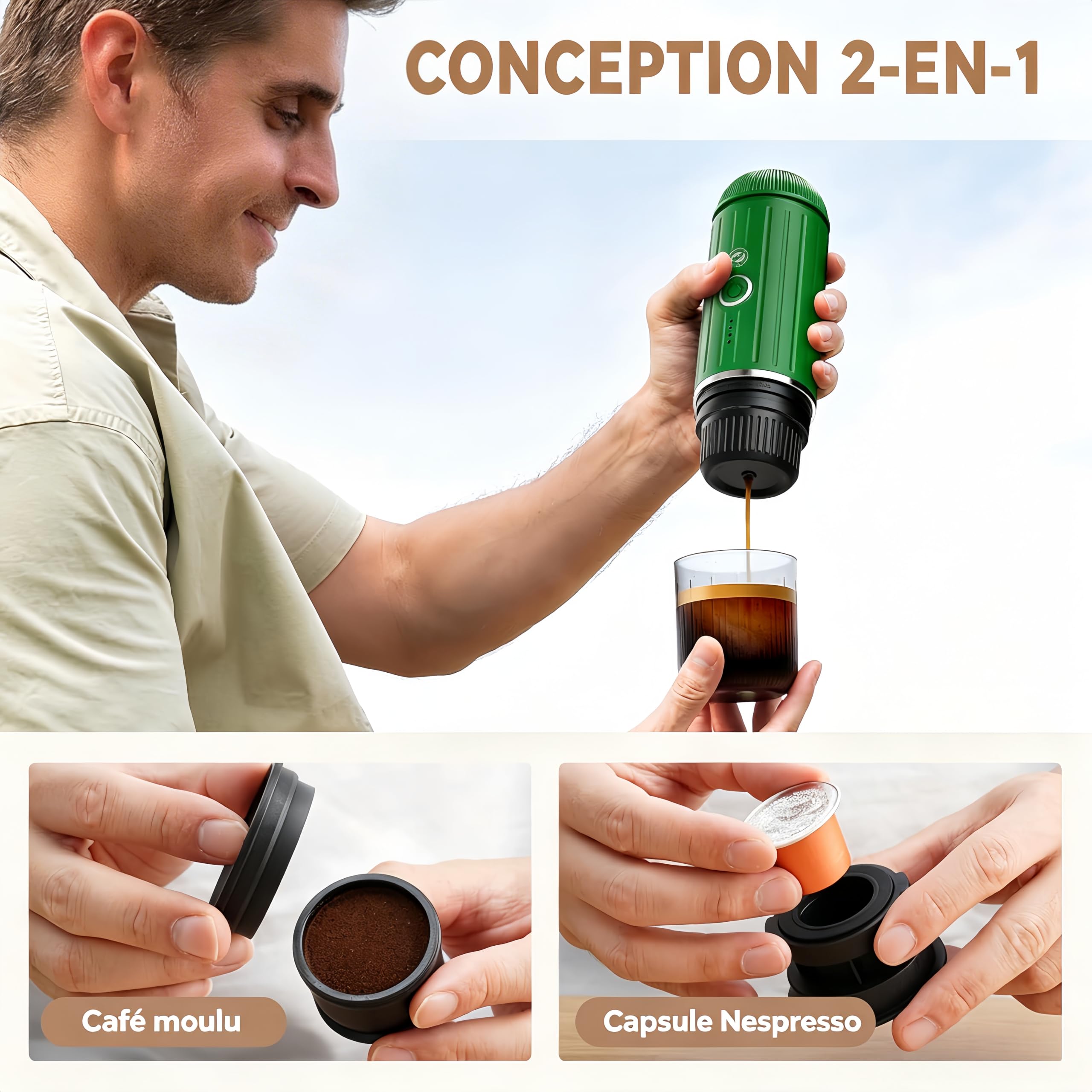 i Cafilas tragable elektrische Espressomaschine 12 V Travel Espresso Machine mini cafetera para ir camping espressomachine, compatible con café molido y cápsula NS (verde)
