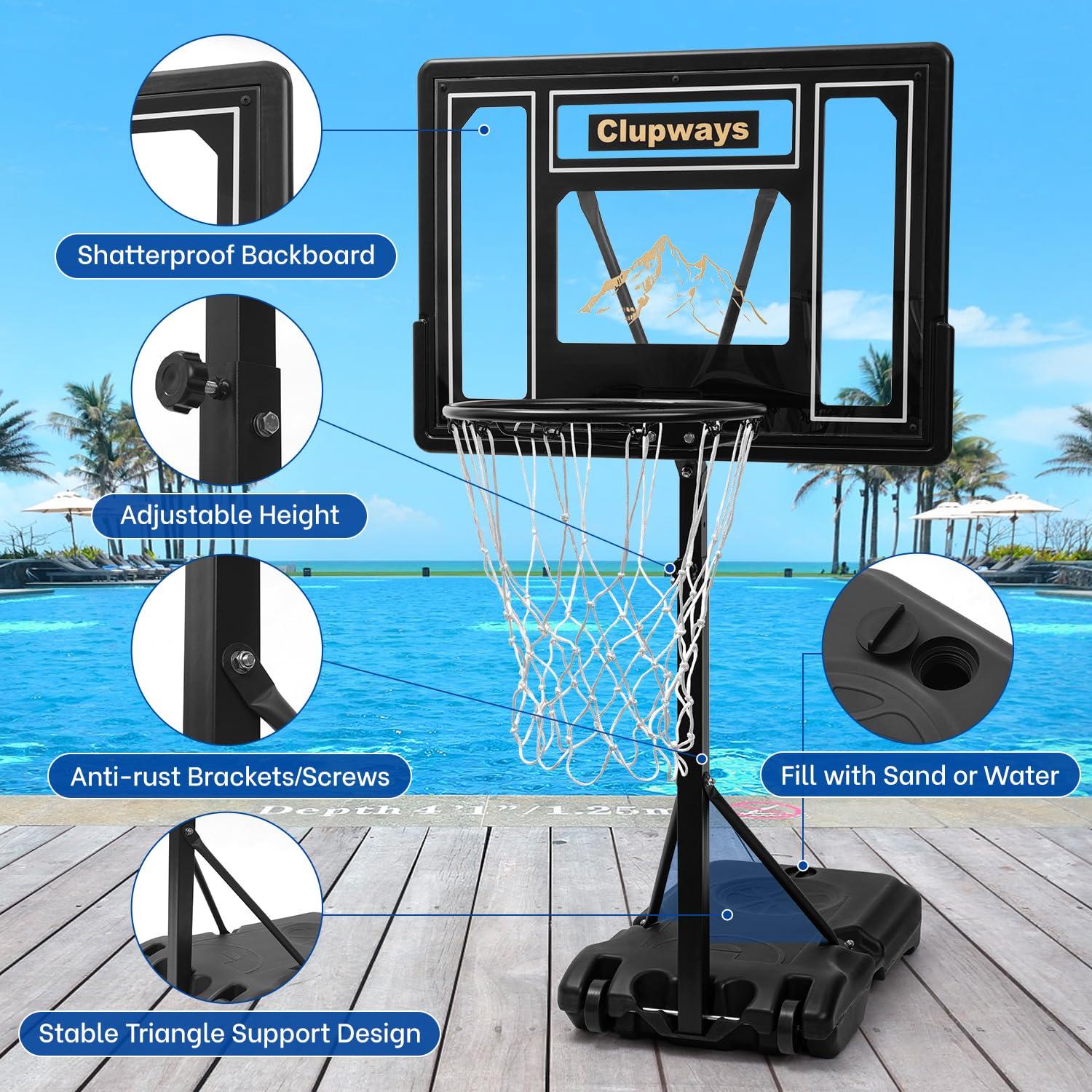 Clupways Pool Basketball Hoop Poolside Height Adjustable Portable Basketball Hoop for Pool with Shatterproof Backboard and Weather-Resistant Steel Screws/Brackets, Includes Ball and Air Pump