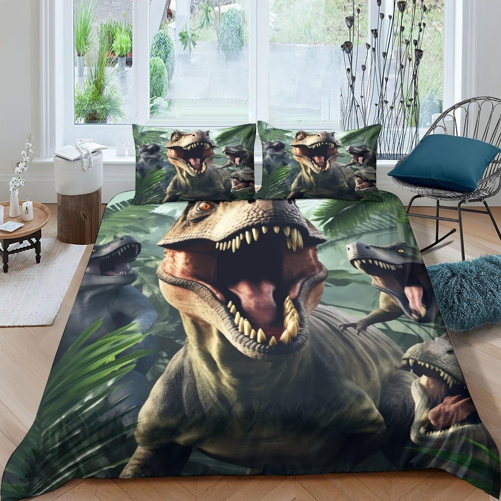 GPLZQXKJNH 3D Printed Dinosaur Jungle Duvet Cover Microfiber Soft Breathable T-Rex Bedding Set with 2 Pillowcases for Bedroom Decor Single（135x200cm）