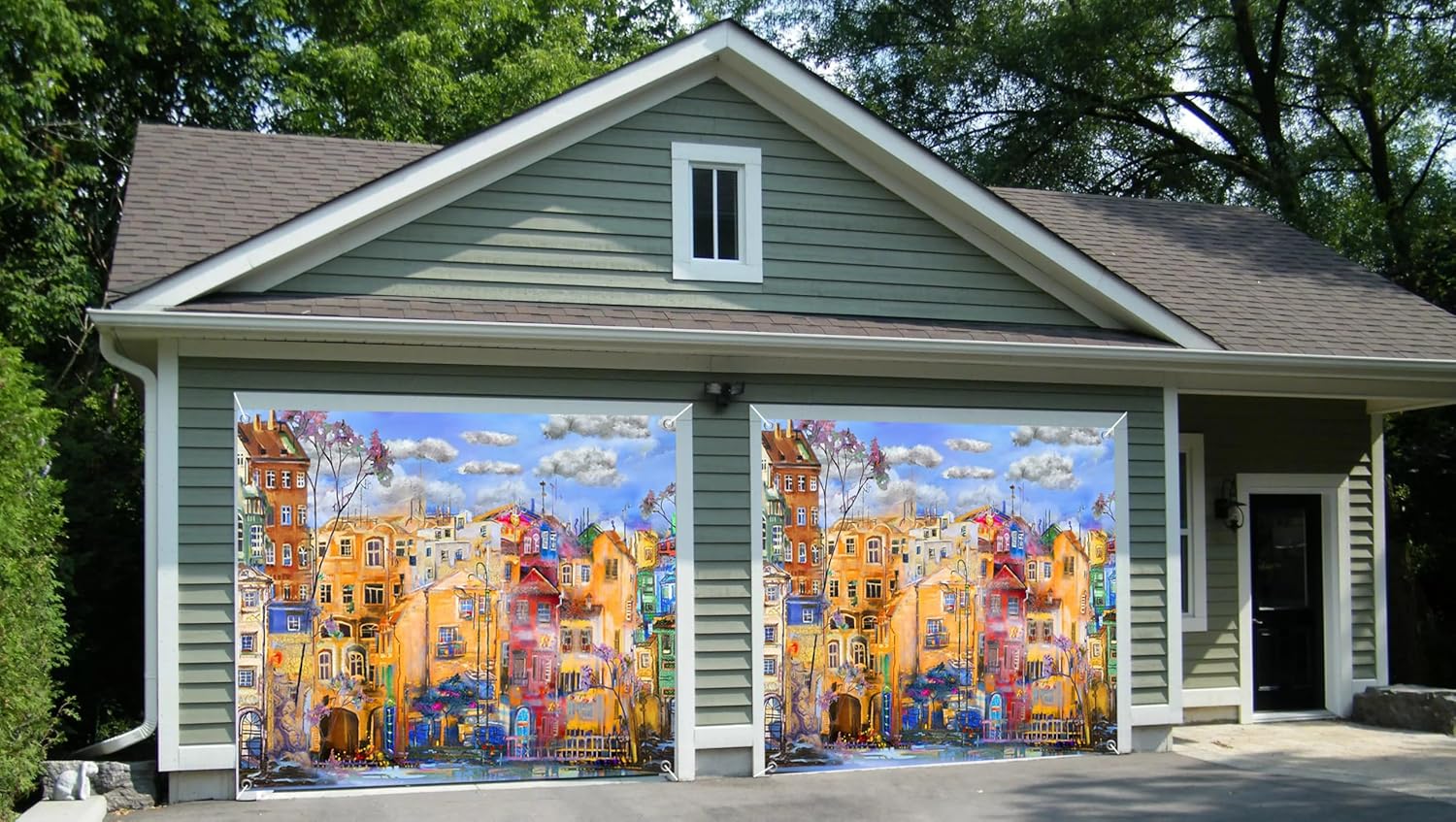7x8ft Vibrant Artistic Cityscape Garage Door Decor Artistic Graffiti Painting Colorful Buildings Soft Sky Clouds Garage Door Cover for Creative Art Aesthetic Background Props