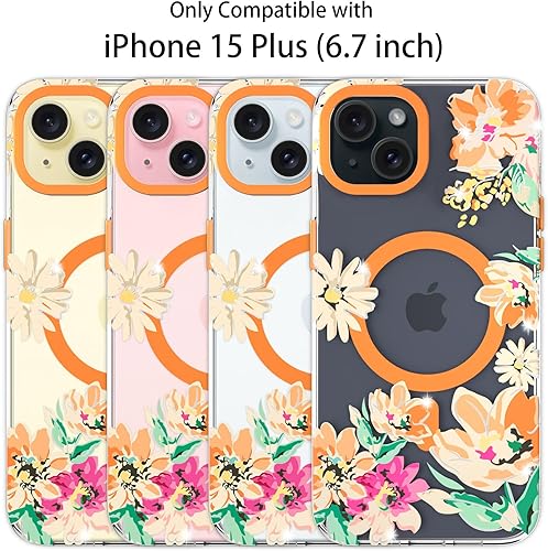 Miniatura 6 de YeLoveHaw Funda magnética transparente para iPhone 15 Plus para mujeres y niñas, con purpurina y bonito patrón floral morado compatible con MagSafe,