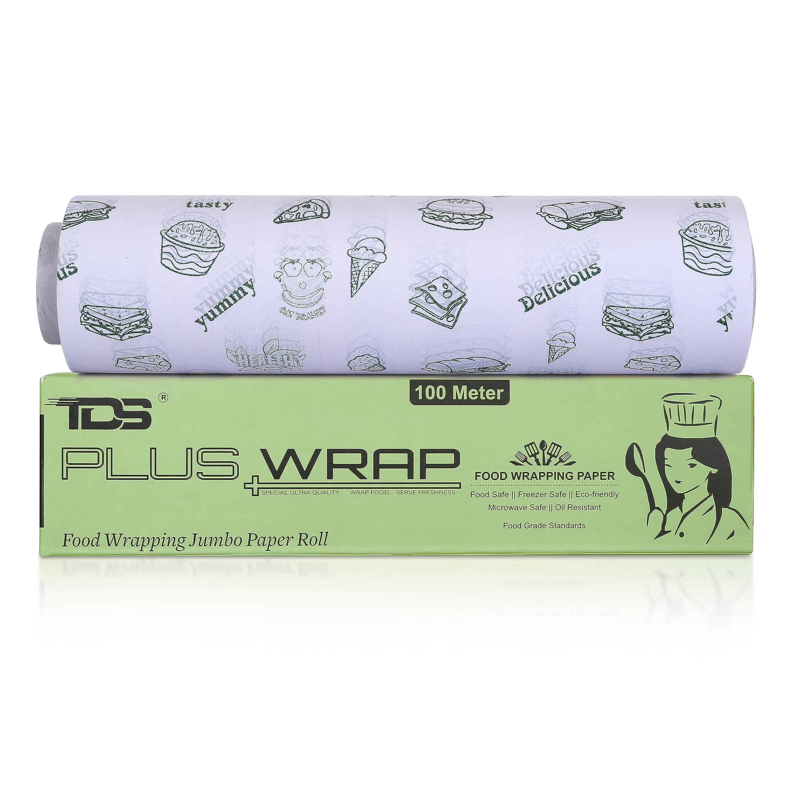 100 Meter Food Wrapping Butter Paper for Food Wrapping (Green Print, Pack 1)