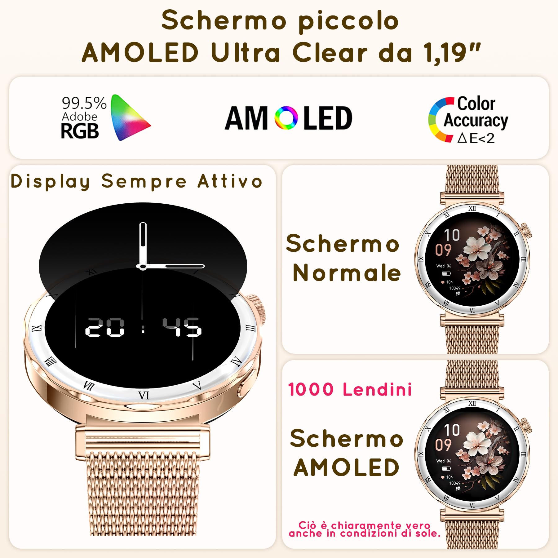 Smartwatch Donna 1,19" AMOLED Orologio con Chiamate Bluetooth, Smart Watch Rotondo con Monitoraggio Sonno/SpO2/FC,120+ Modalità Sportive, Pedometer, IP68 Android/iOS, 3 Cinturini (Oro rosa)