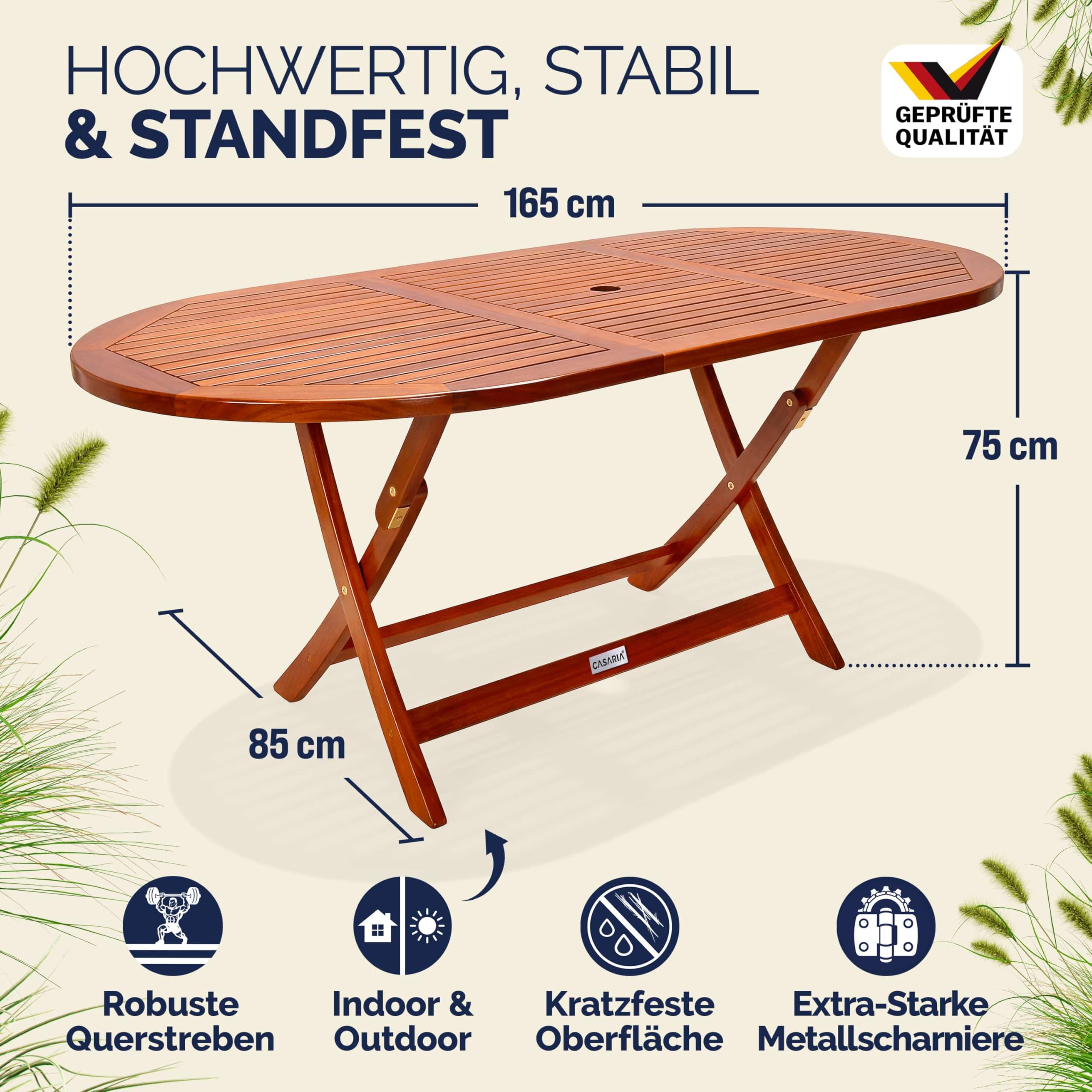 Casaria® Gartentisch Wetterfest Klappbar FSC®-Zertifiziert Holz Schirmständer 160x85cm 80kg Belastbarkeit Balkon Garten Terrasse Tisch Klapptisch Balkontisch Akazie