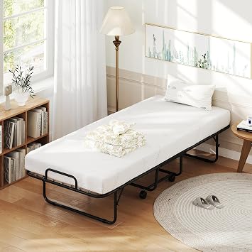 Giantex Folding Bed with Mattress for Adults, 75 x 31 Cot Size Portable Rollaway Bed with Sturdy Metal Frame, Space Saving Roll Away Bed with Memory Foam Mattress for Guest Living Room