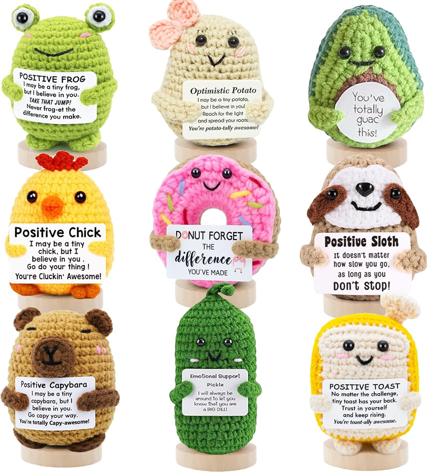 9pcs Mini Positive Crochet Food Set Potato Pickle Donut Toast Funny Birthday Gifts for Women Men Her Him Boyfriend Teacher Appreciation Graduation Gift Sister Friend Coworkers Emotional Support Decor