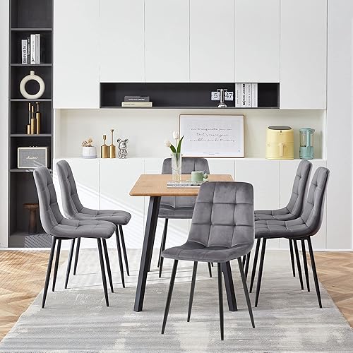 Miniatura 3 de Juego de 6 sillas de terciopelo gris, sillas de comedor modernas de mediados de siglo, silla de comedor tapizada, silla de recepción copetuda con