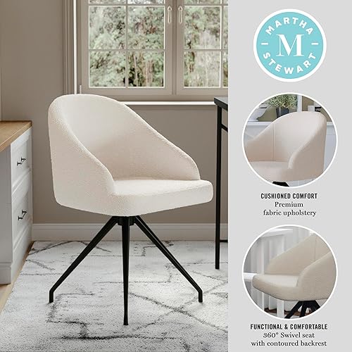 Miniatura 4 de Martha Stewart Silla giratoria fija Sora con brazos inclinados para oficina en casa en blanco bouclé con marco de bronce cepillado al óleo Boucle