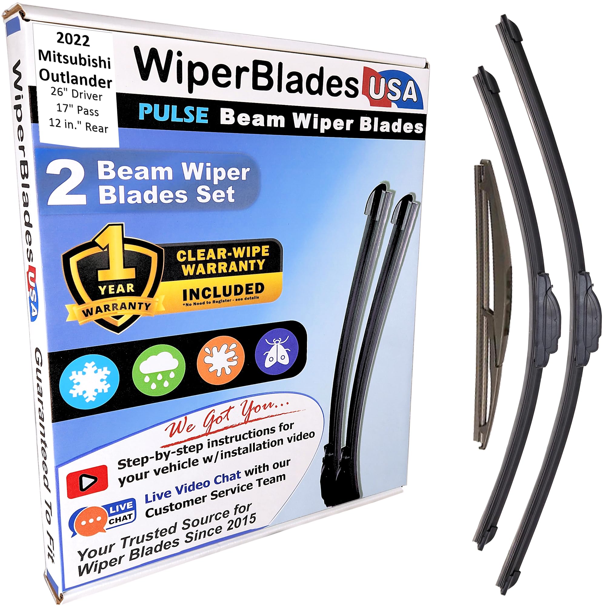 Wiper Blades for 2022 Mitsubishi Outlander Wipers w/1yr Warranty (Set of 3) w/Rear Wiper