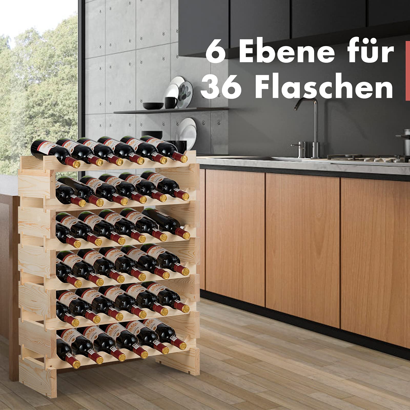 GOPLUS Weinregal Holz stapelbar, Flaschenregal für 36 Flaschen, Weinflaschenregal Weinständer mit 6 Fächern, Wine Rack Weinhalter für Keller Bar Lagerraum, 63 x 28 x 85 cm, Natur