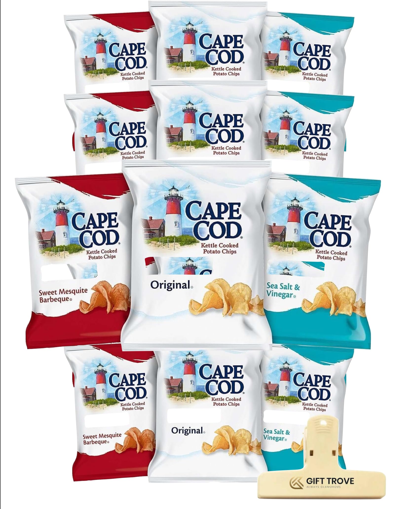 Cape Cod Chips Variety Pack | Cape Cod Salt and Vinegar Chips, Original Potato Chips, And Mesquite Barbecue Flavors | 15 Pack - 5 Of Each Flavor | Comes with Gift Trove Bag Clip (15 Pack - (1.5 OZ - Bags), Variety)