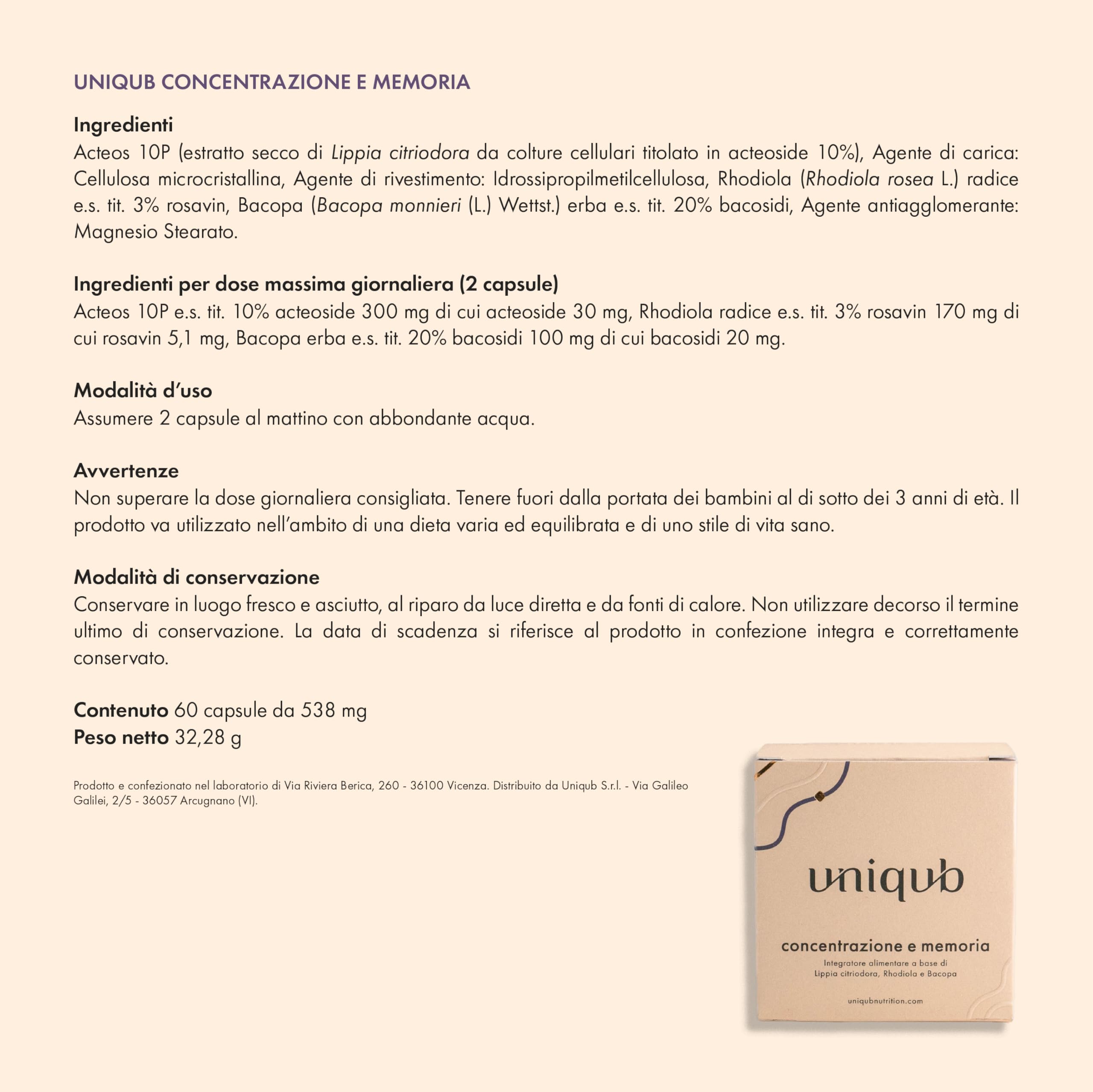 Integratore Concentrazione e Memoria Migliora l'umore Con Rhodiola Rosea Bacopa Monnieri Lippia Citriodora 60 capsule Vegetali 100% Naturale Uniqub