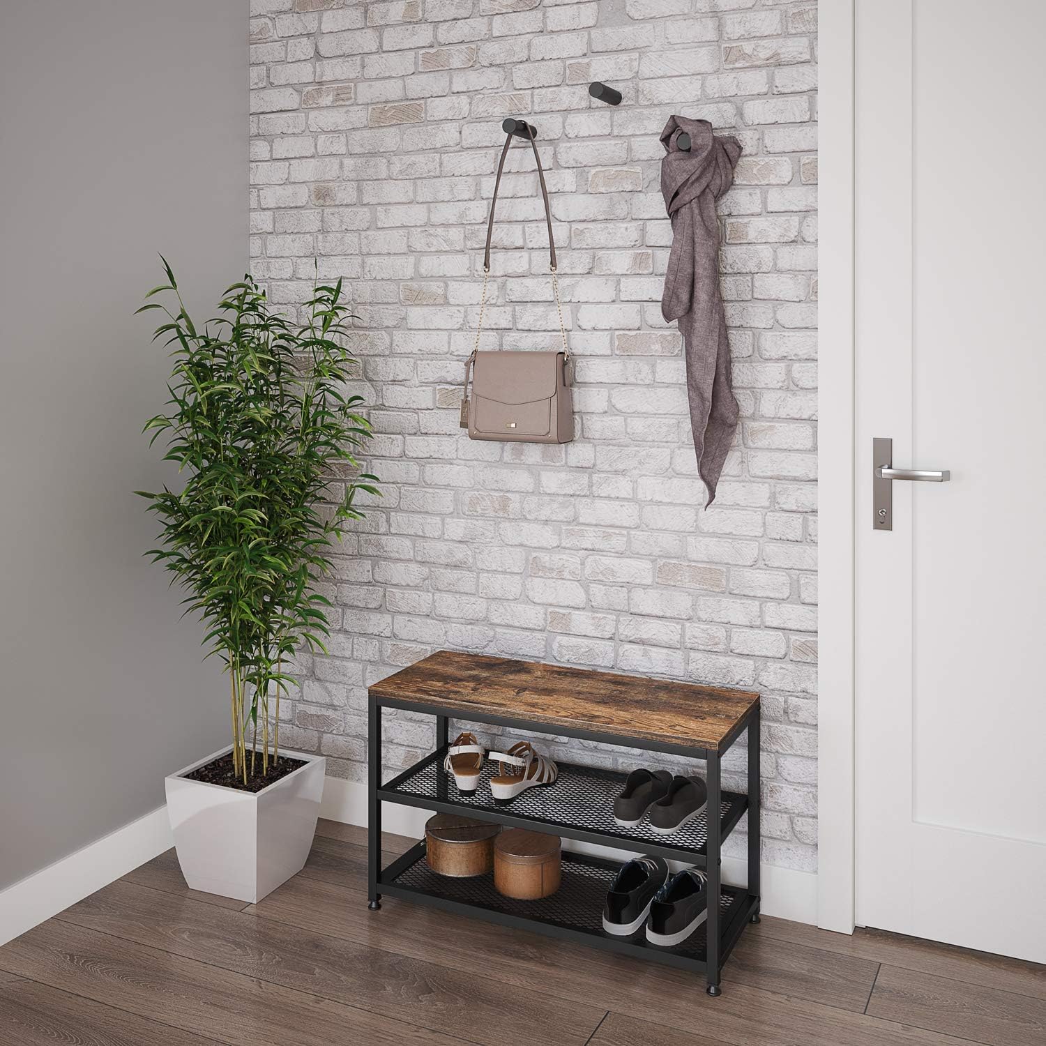 Ballucci Shoe Rack Bench, 3-Tier Shoe Rack, Entryway Shoe Organizer with Seat, Metal Storage Shelves for Hallway, Living Room, Mudroom - Rustic Brown