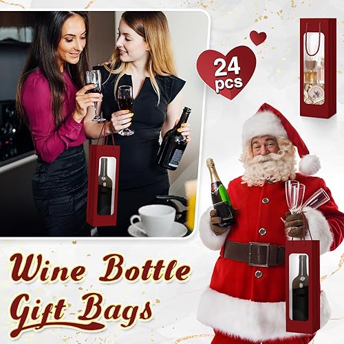 Miniatura 19 de Tioncy 24 bolsas de regalo de botella de vino individual de Navidad, bolsas de champán para bodas a granel con ventana transparente, cajas Negro