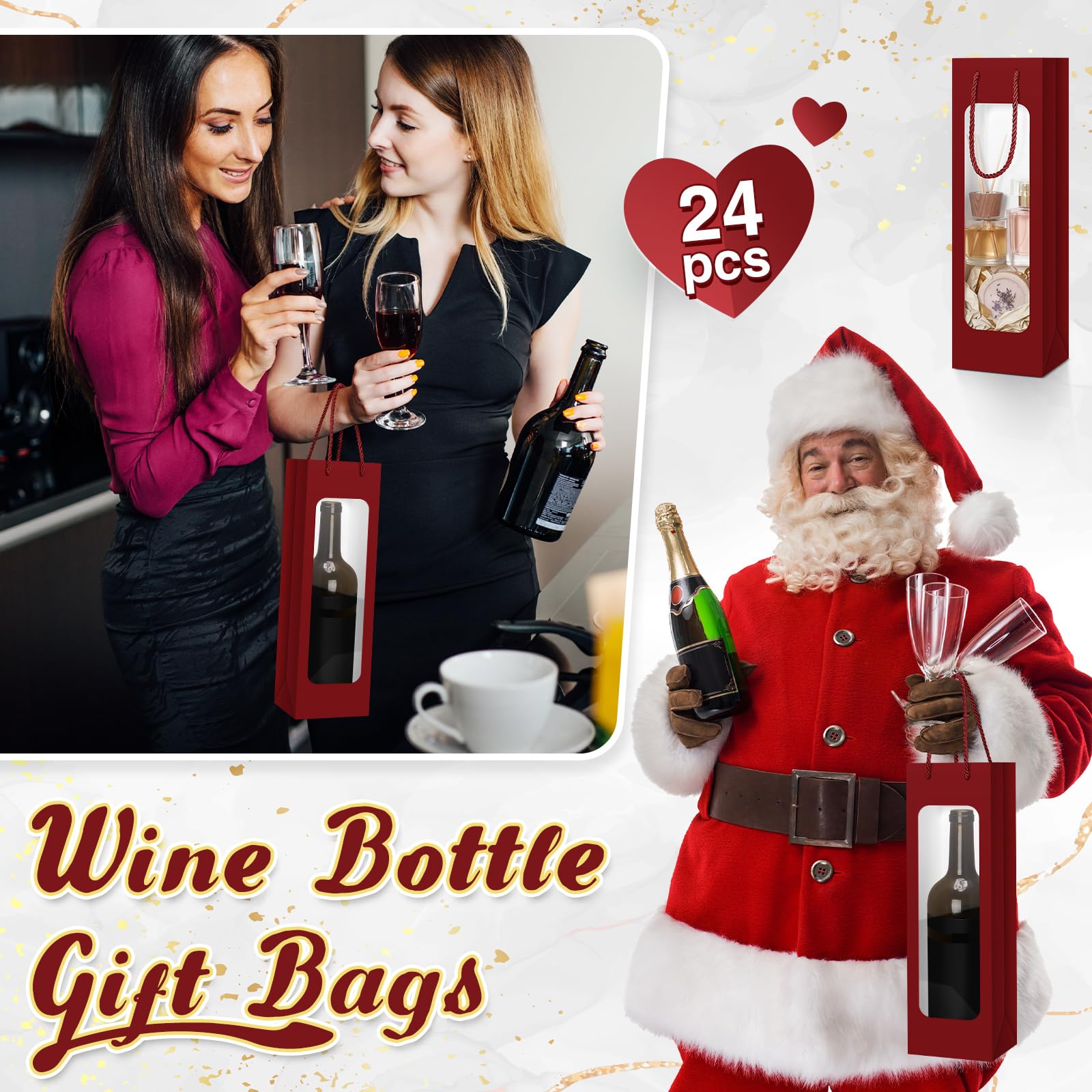 Tioncy 24 Pcs Single Wine Bottle Gift Bag Bulk Wedding Champagne Boxes with Clear Window Handles Reusable Holiday Party Favor(Burgundy)