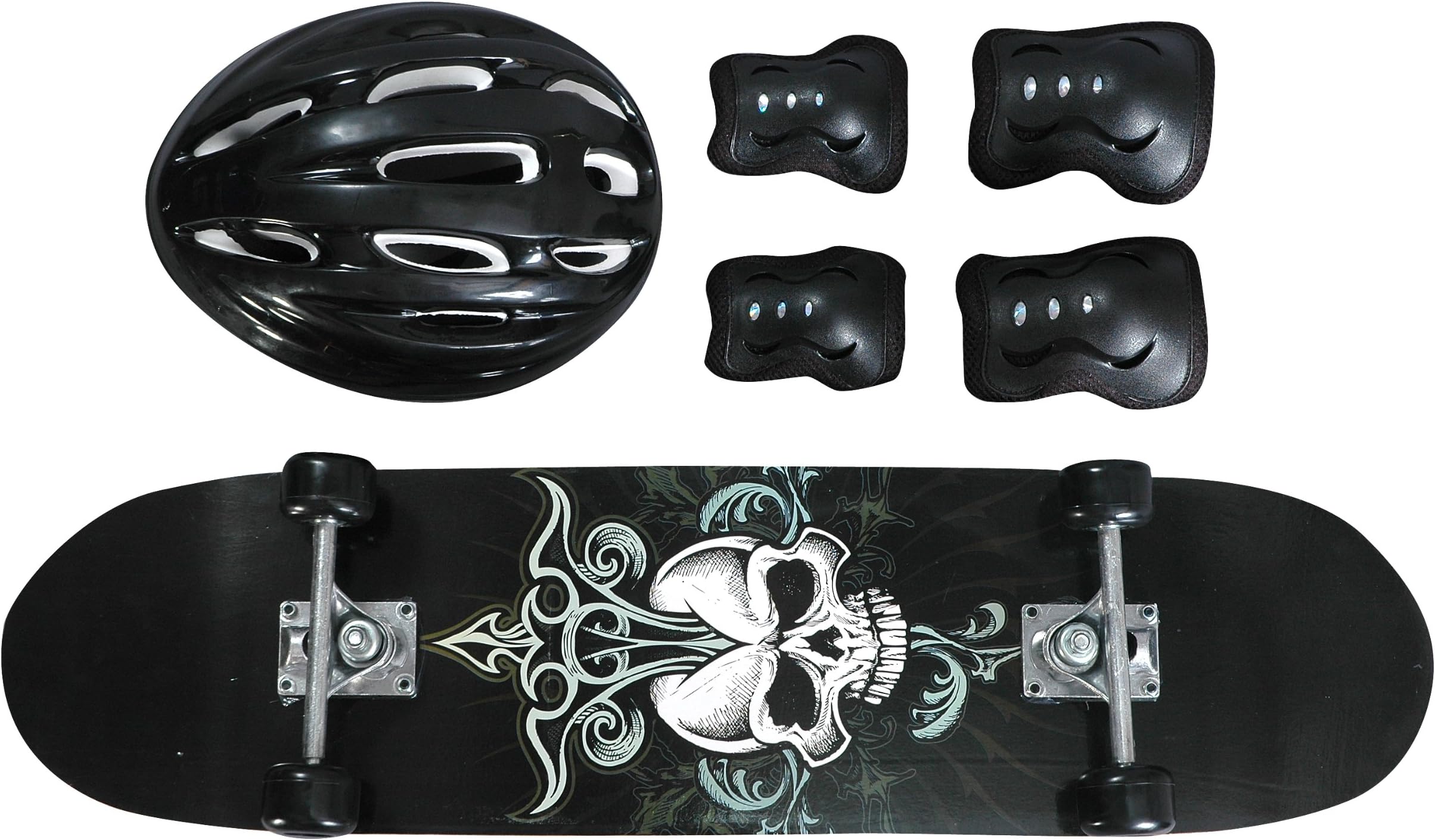 Black Skull Design Youth Skateboard Combo Pack with Board, Helmet, Knee and Elbow Pads