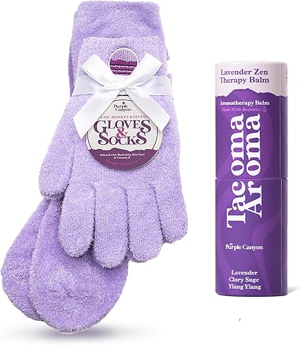 Purple Canyon Calcetines y guantes peludos y bálsamo de aceite esencial Kit de spa  Calcetines y guantes morados infundidos con aloe vera y aceite