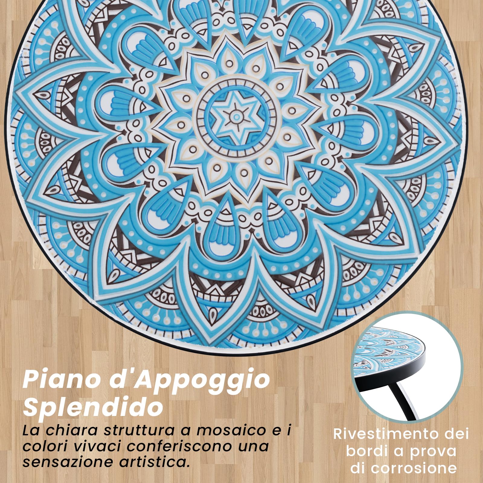 COSTWAY Tavolino Porta Fiori con Piastrelle di Ceramica e Gambe in Metallo | Tavolino Porta Piante da Esterno ed Interno per Balcone, Giardino e Salotto