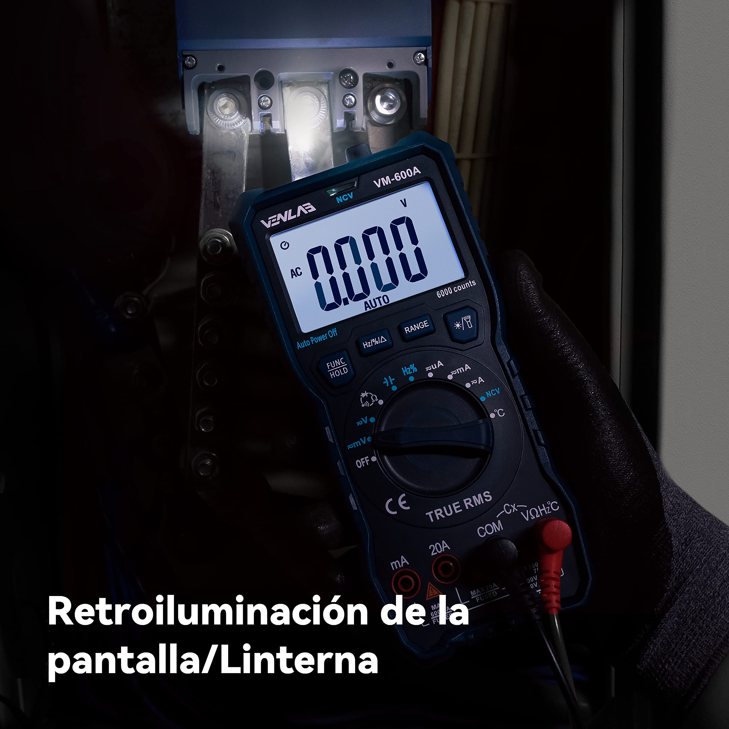 Multímetro digital VENLAB, Polimetro TRMS 6000 cuentas,Voltimetro, Mide Voltaje y Corriente CC/CA, Resistencia, Diodo, Continuidad, Ciclo de trabajo, Capacitancia y Temperatura, VM-600A
