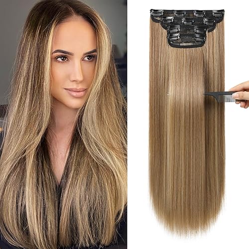REECHO 20" Straight Long 4 PCS Set Thick Clip in on Hair Extensions Light Brown with Highlights