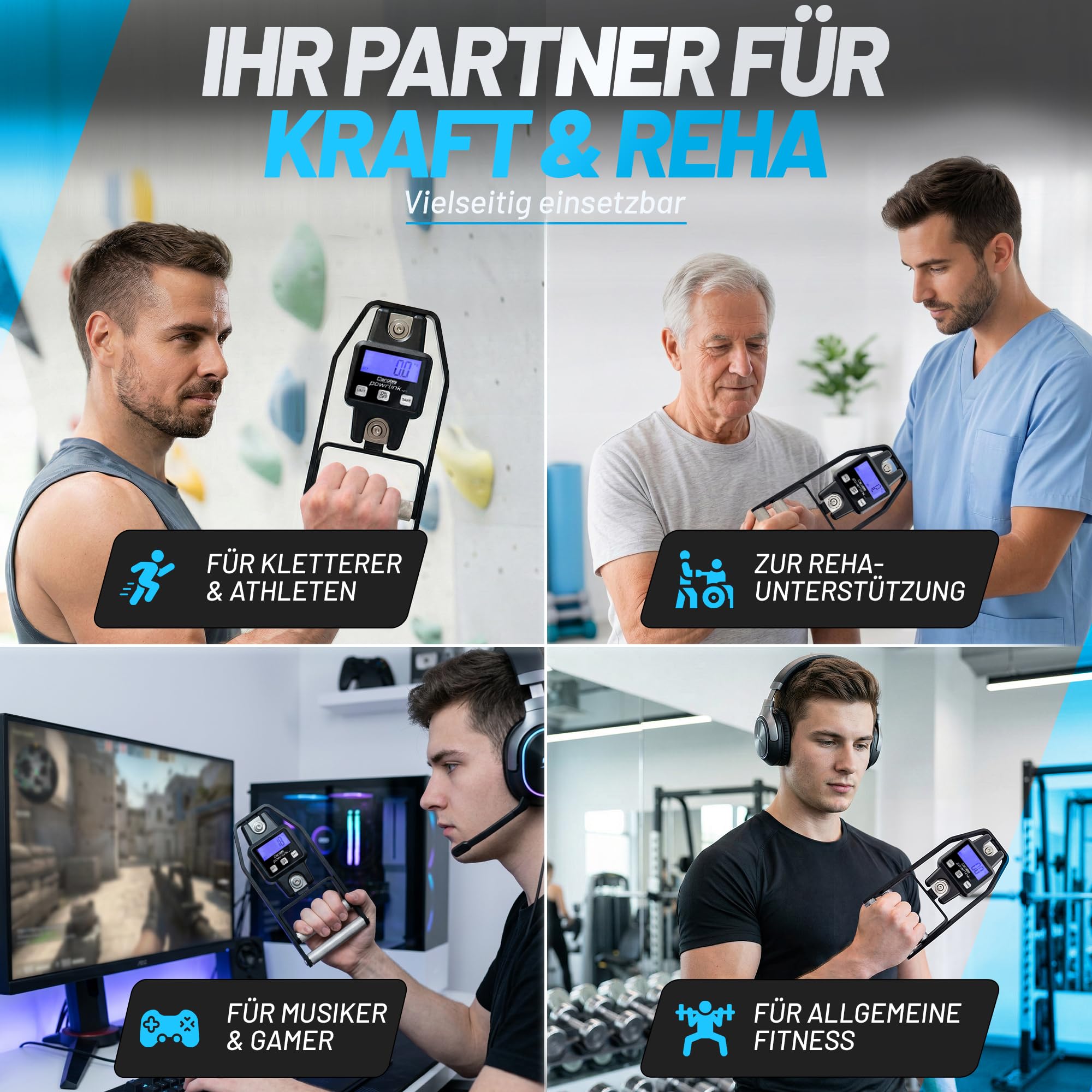 aerobis®  Powrlink  Griffkraftmesser - inkl. Live-Tracking App - hochpräziser Handdynamometer & Griffkraft‑Messgerät bis 300 kg - Digitale Griffkraftmessung für Sport, Fitness, Reha & Krafttraining