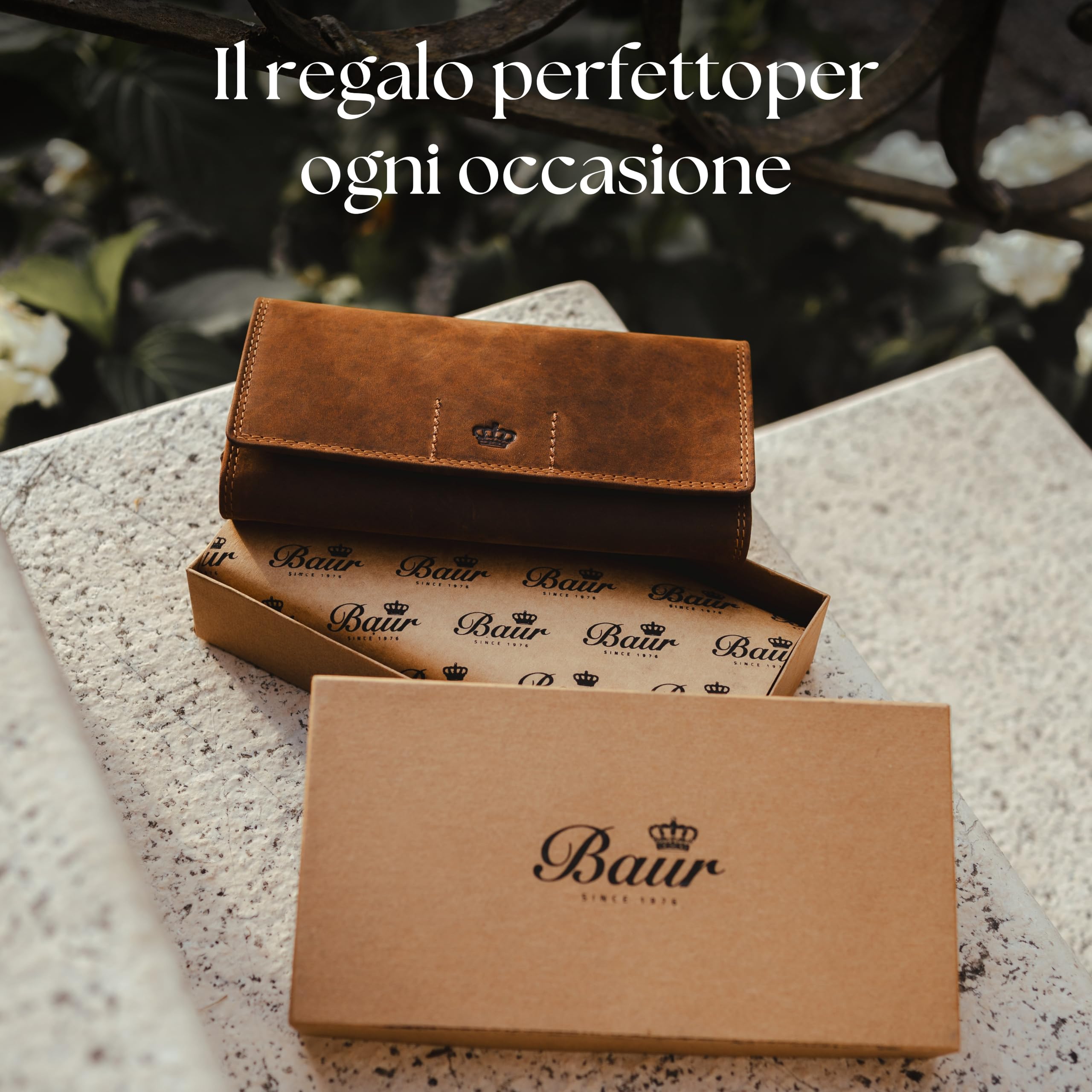 Baur portafoglio donna – vera pelle di bufalo con protezione RFID – portafoglio grande con 12 scomparti per carte – chiusura a bottone a pressione e portamonete con cerniera metallica (Marrone)