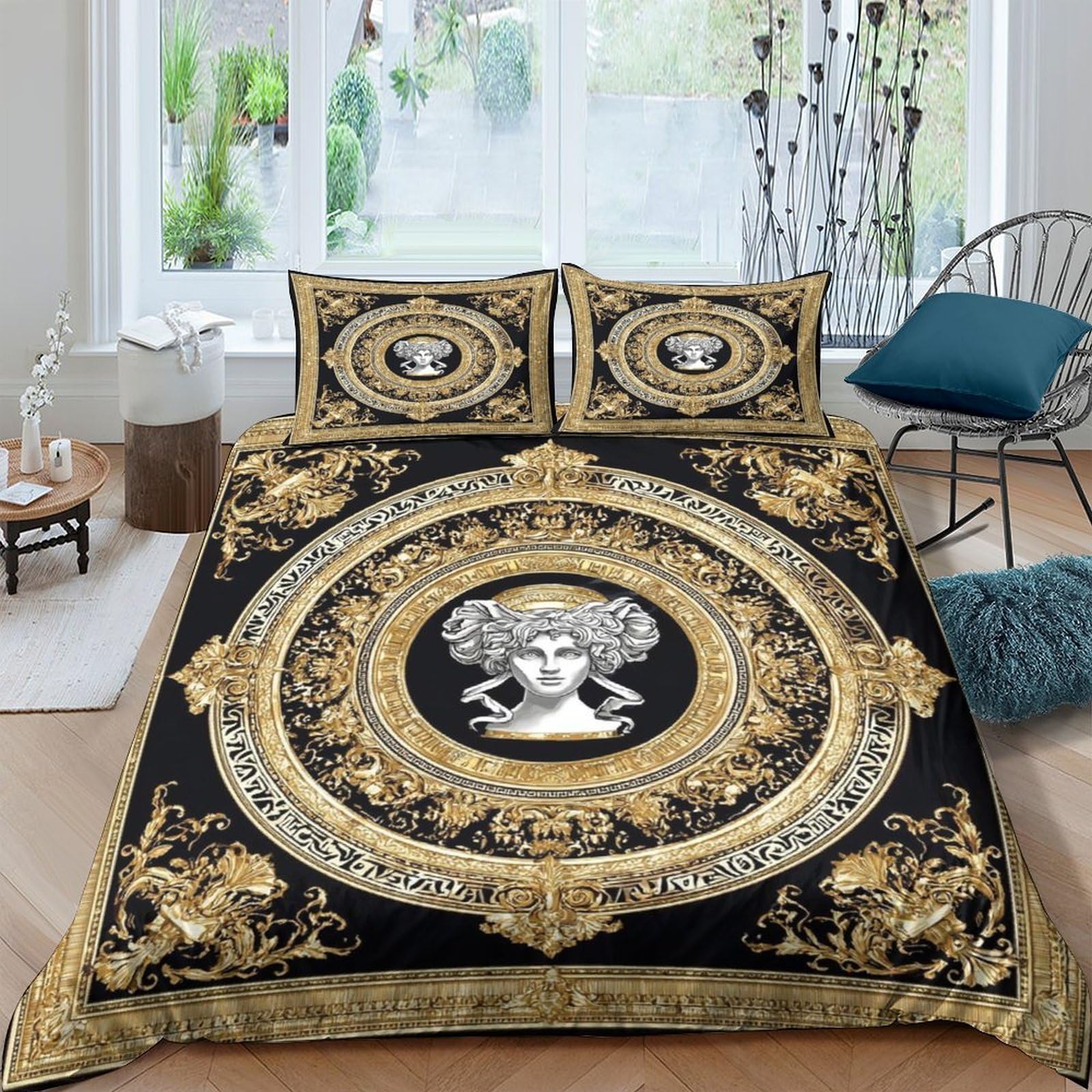 Ctjqhvkz Style-9 3D Printed Baroque Gold Black Fitted Sheet Microfiber Soft Classical Medusa Bed Cover For Bedroom Guest Room Decor Single（135X200cm）