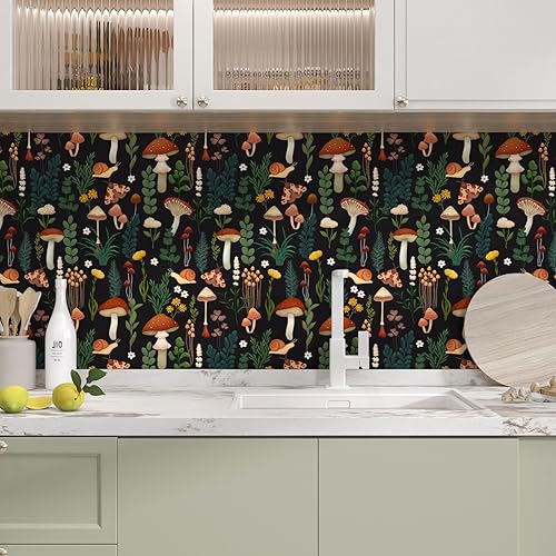 Miniatura 3 de Papel tapiz de hongos negros, papel de contacto vintage, papel botánico bohemio para revestimiento de estantes de cocina, dormitorio, vinilo