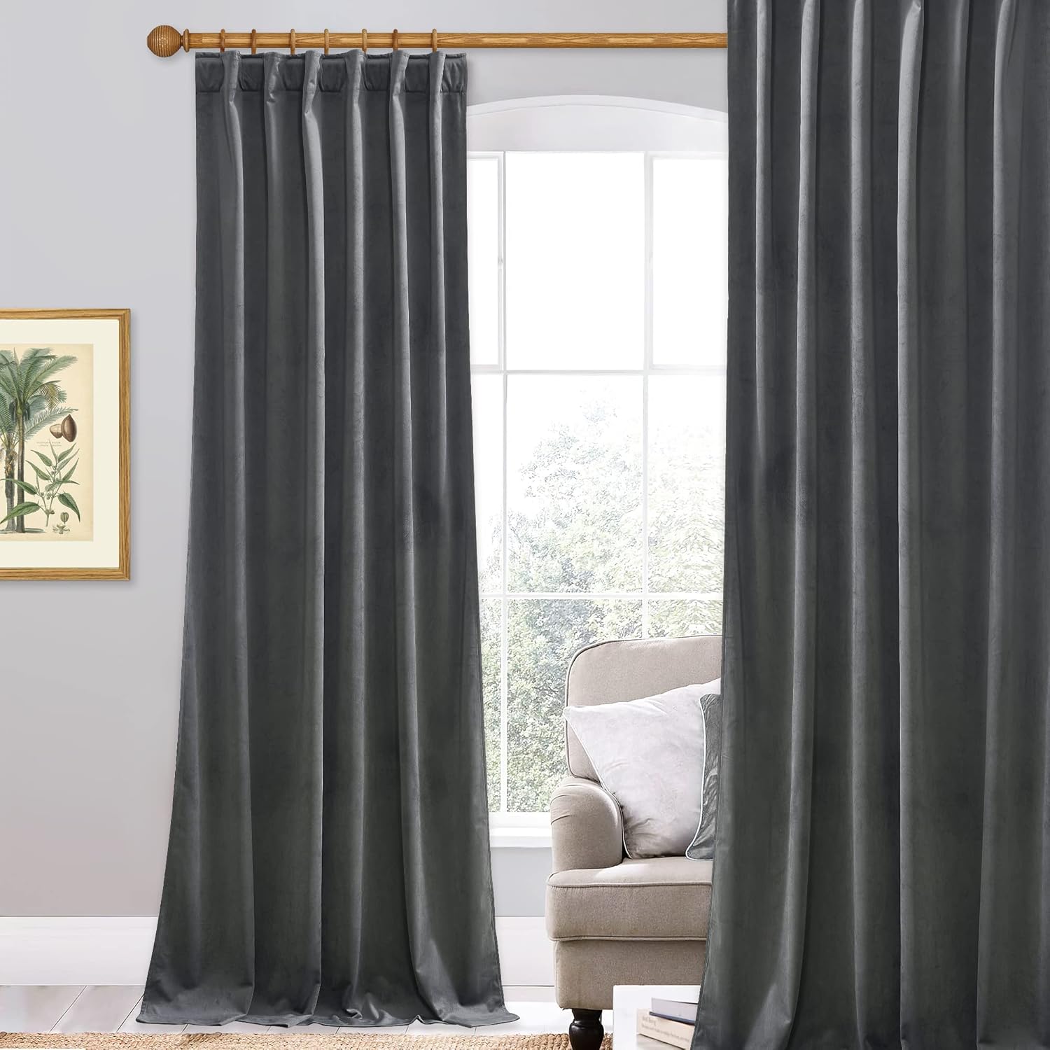 StangH Grey Curtains Velvet 108 inches Long, Living Room Long Sliding Door Drapes Thermal