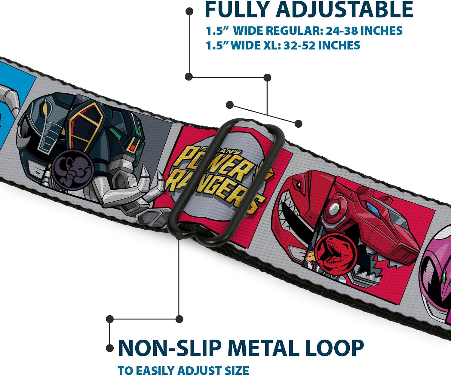 Power Rangers Belt, Seatbelt Buckle Belt, Sabans Power Rangers Zord and Icon Blocks and Title Logo, Adjustable