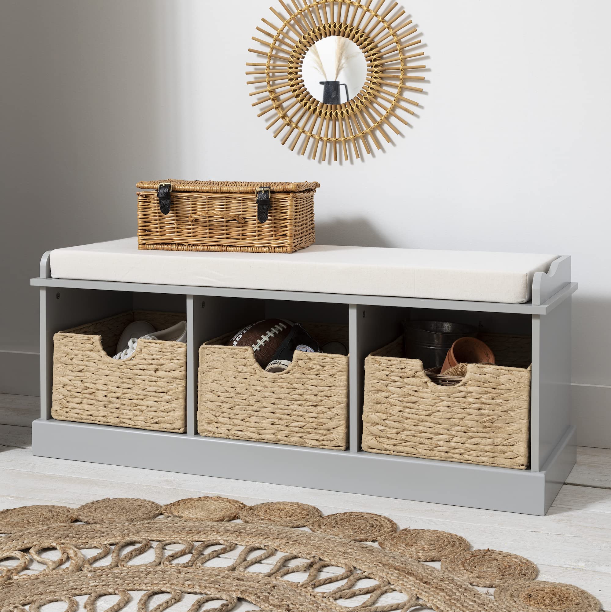 Design Elements - Stockholm Storage Bench with 3 Storage Cube in Silk Grey (Includes 3 Brown Baskets & Cushion)