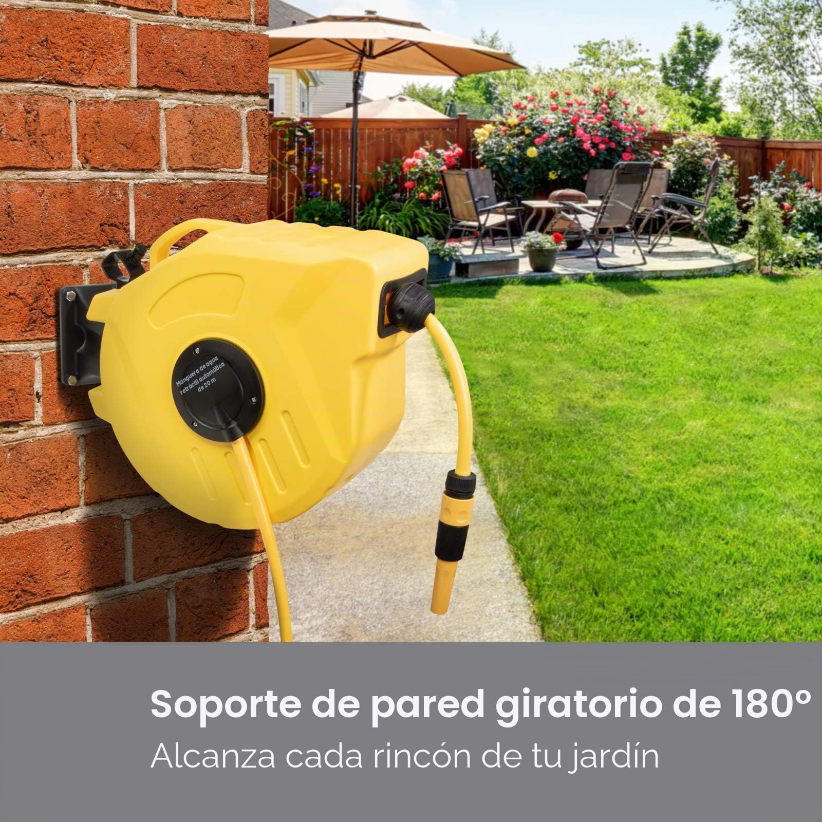 SLx Manguera de jardín, 20M, Carrete de Manguera montado en la Pared, Tubo de Manguera retráctil automático, Portátil 180° Giratorio 2 en 1 Jet o Spray, Sistema de Bloqueo automático, Pistola de