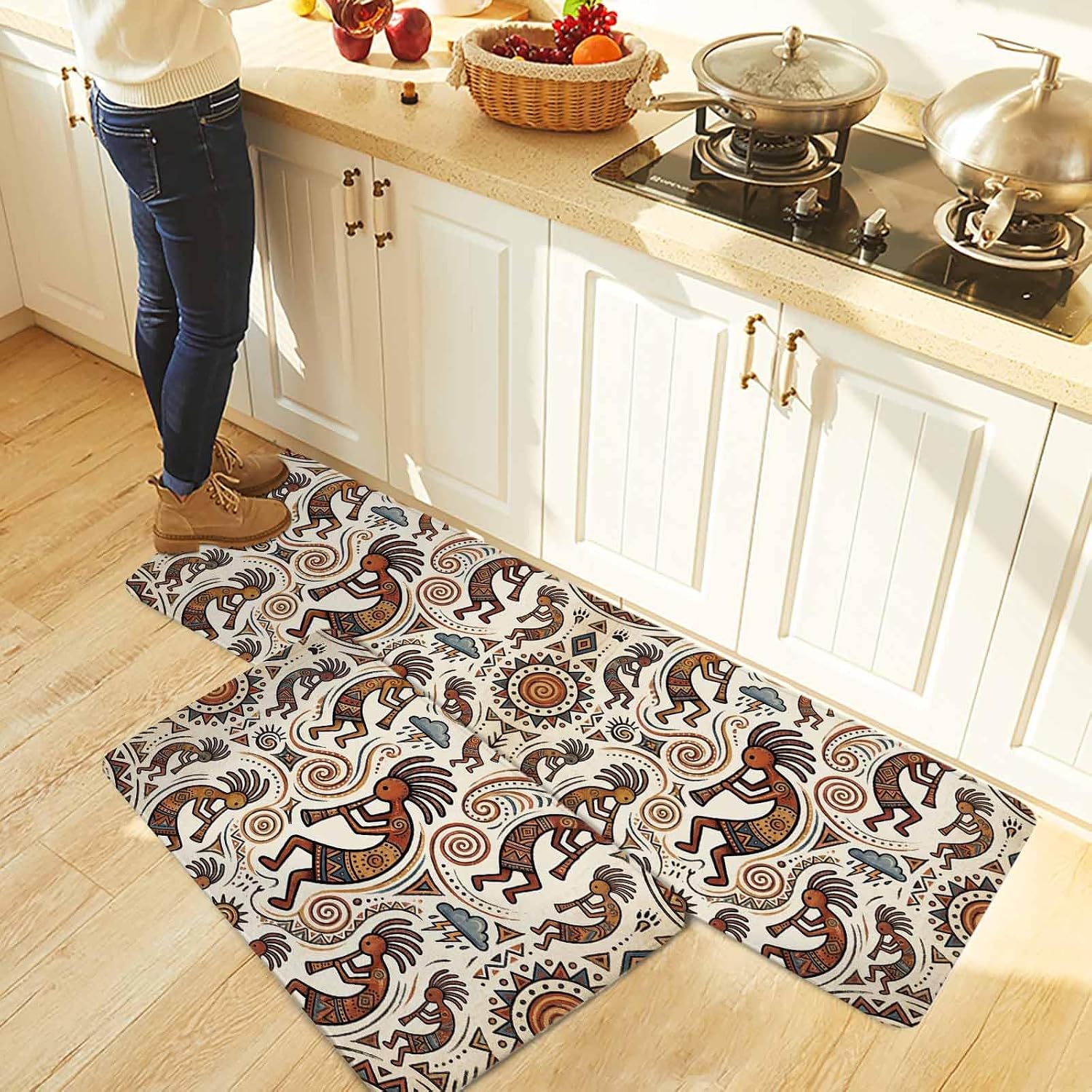Boho Western Kitchen Rugs and Mats Set of 2, Non-Slip Kitchen Sink Mat, Vintage Abstract Art Ethnic Tribe Washable Doormat Bathroom Rugs Runner for Bedroom/Living Room 17.7"x30"+17.7"x59"