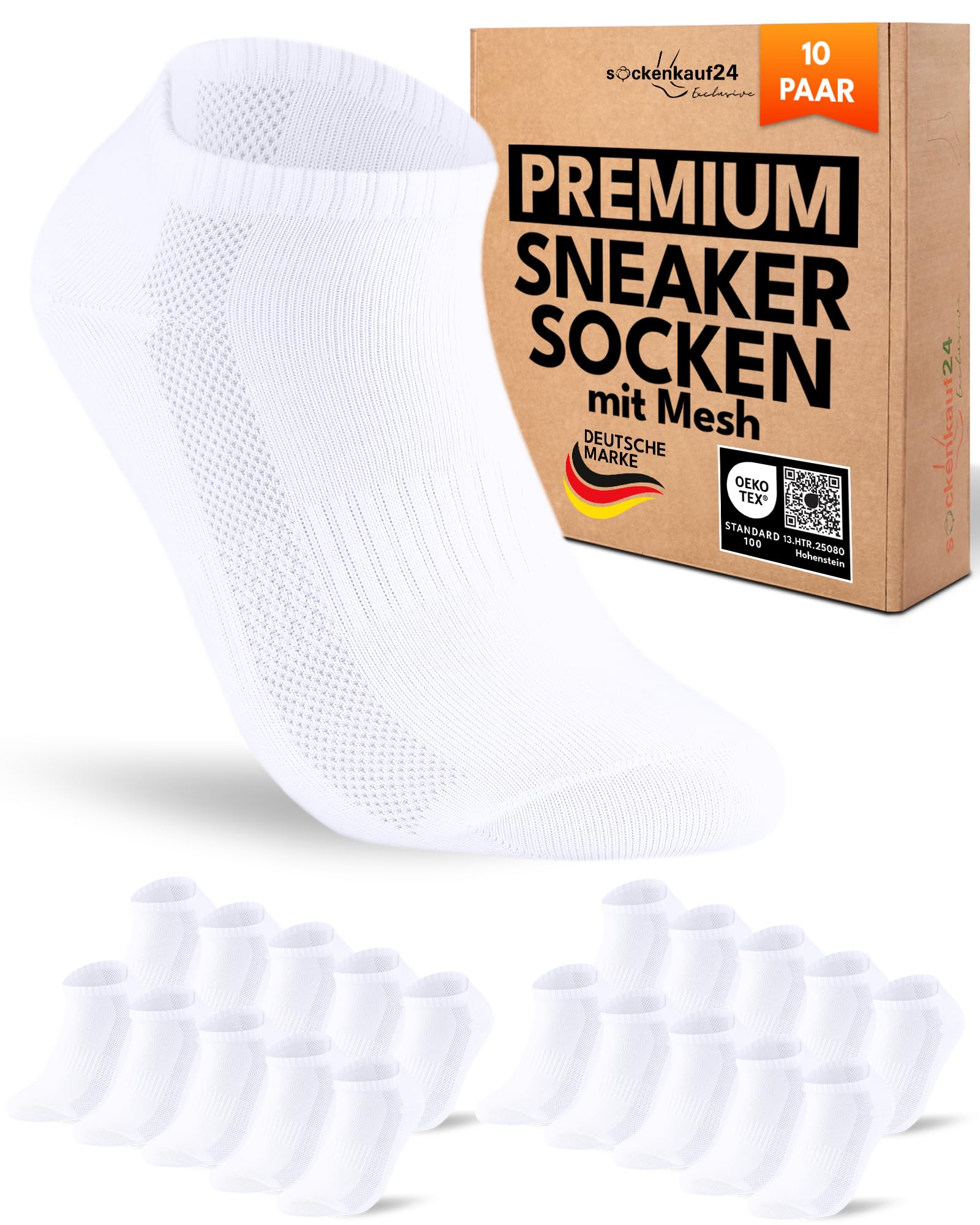 10 Paar Sneaker Socken Herren Damen Baumwolle Atmungsaktiv mit Mesh-Streifen