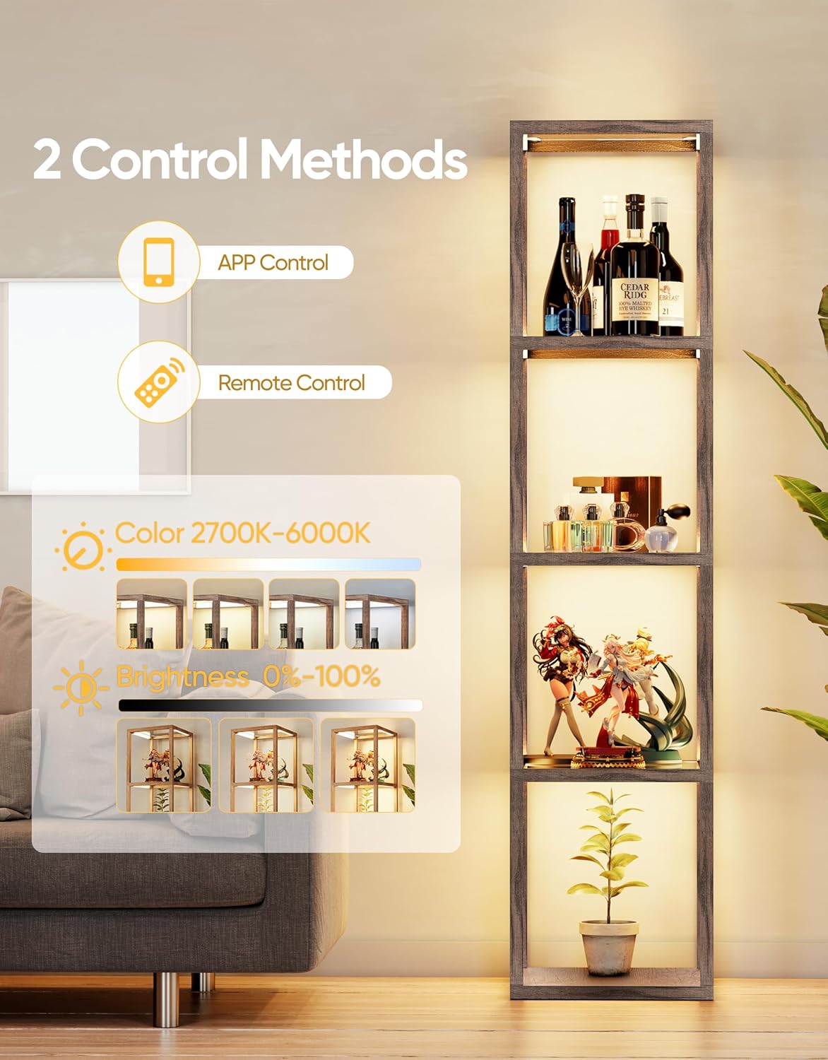 PARTPHONER Floor Lamp Glass Display Shelf with Remote/APP Control, Dimmable LED Floor Lamp with Shelves, Open Display Cabinet, Color Temp Control (2700K-6000K), Oak Gray