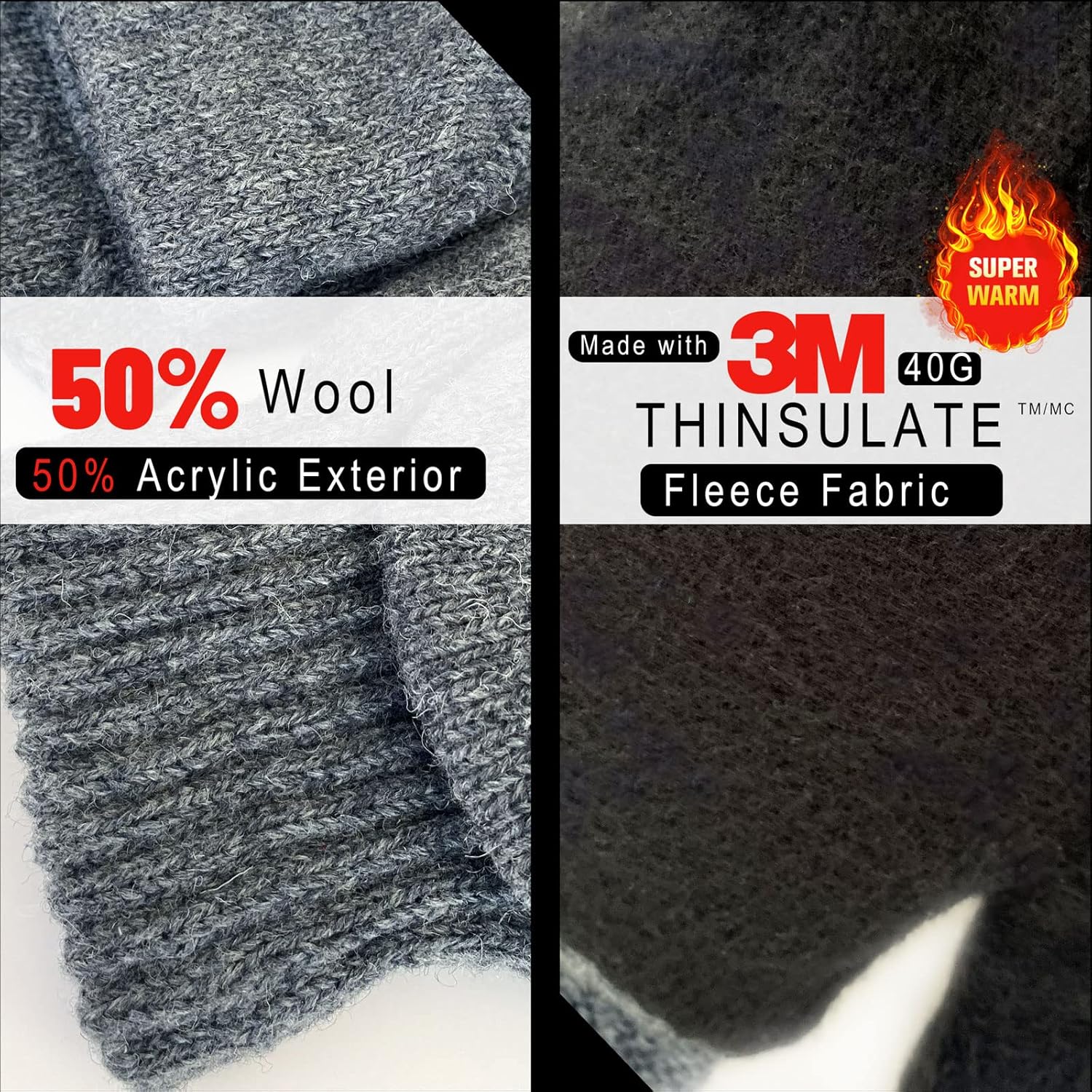 Evridwear Wool Convertible Fingerless Gloves, Winter Knitted Flap Mittens Thermal Insulated Warm for Cold Weather Men Women - Image 2